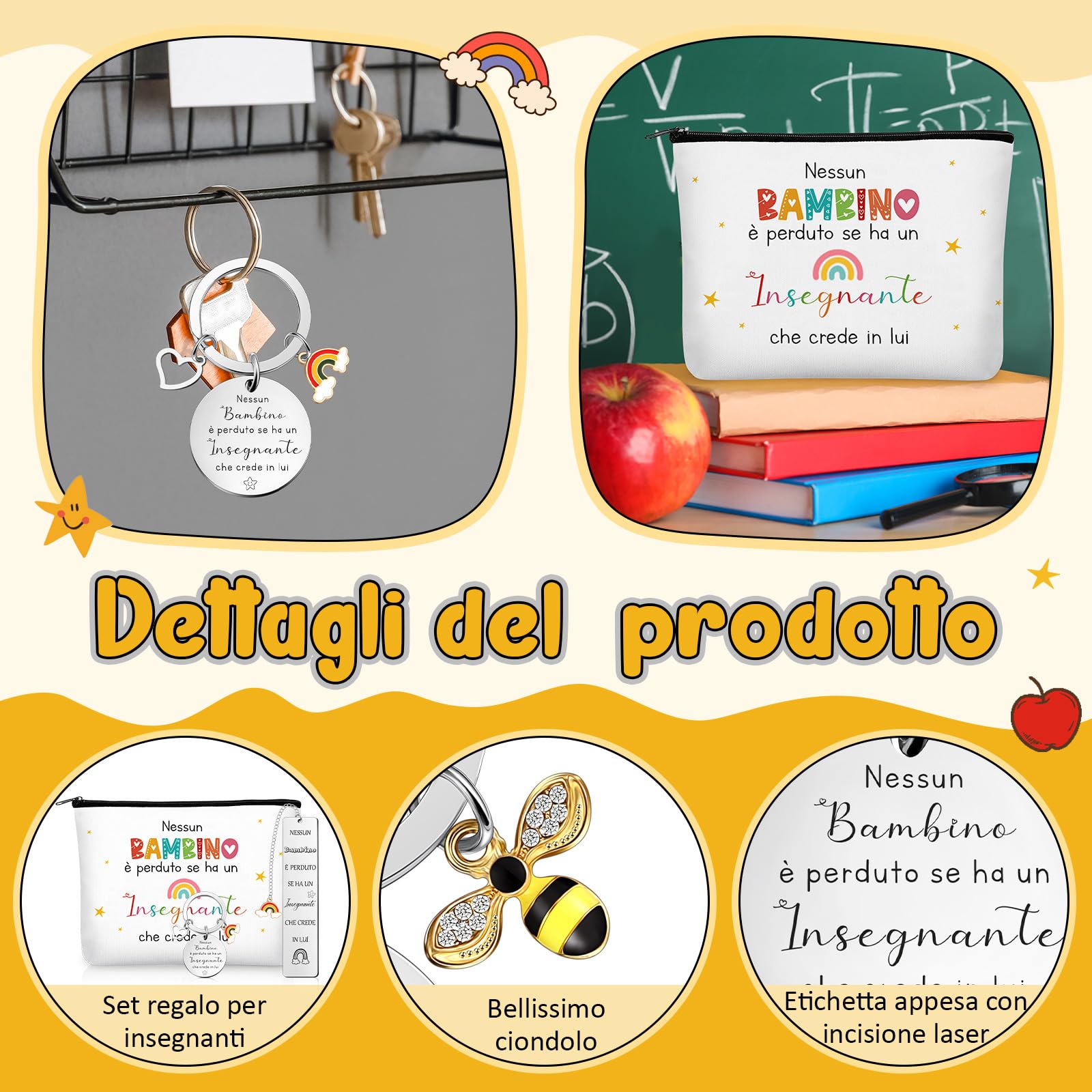 Geiserailie 3 Set Regali Maestre Fine Anno Include 3 Portachiavi Insegnanti con Frasi 3 Borse Cosmetica 3 Segnalibri Maestra Idee Regalini per Insegnante Asilo Professoressa Compleanno Laurea
