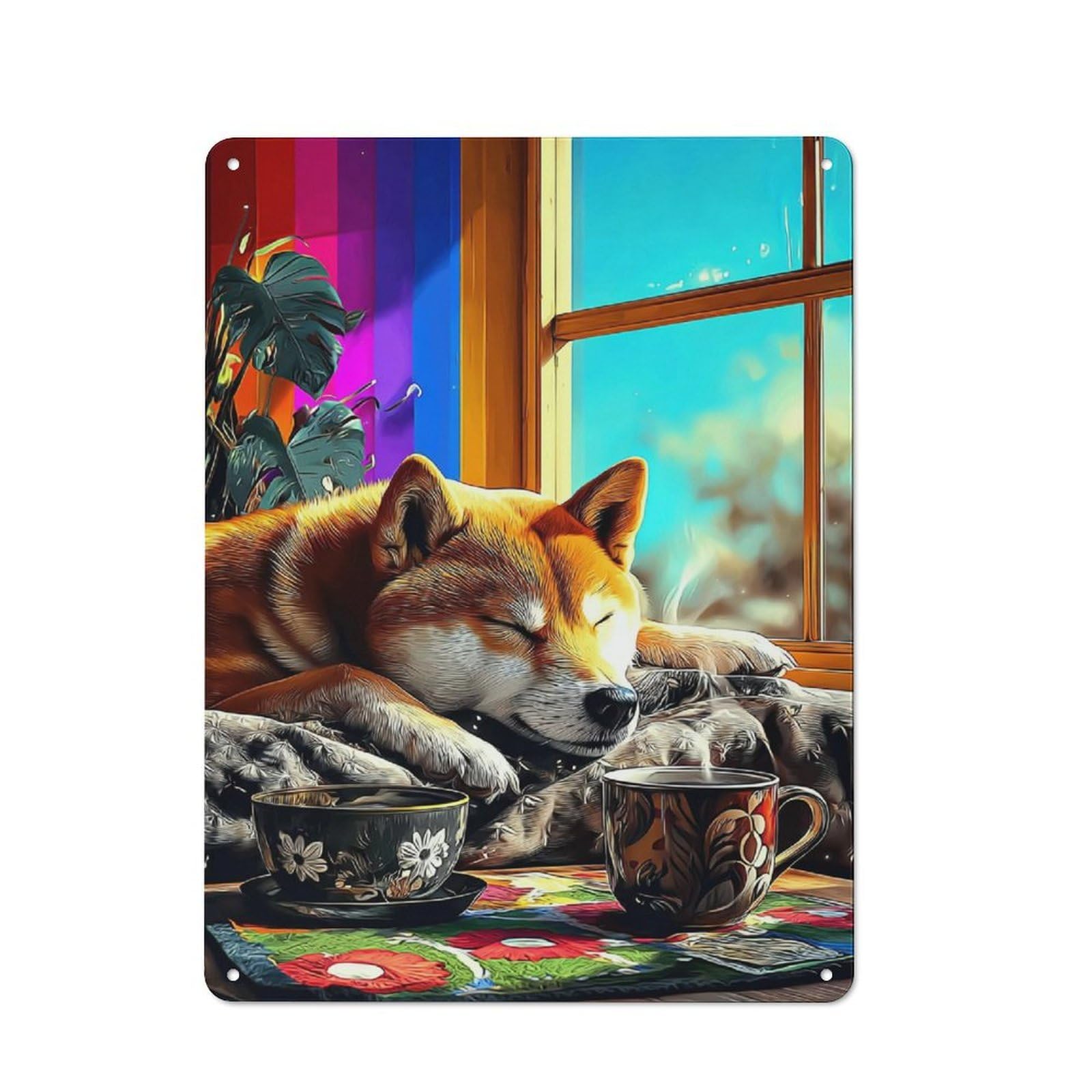 Industrial Tin Wall Sign 40x30cm Featuring Cozy Morning with Shiba Inu, Urban Room Decor for Workspace, Cafe, Hallway Or Garage