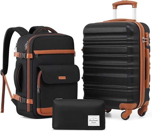 LONG VACATION Carry On Luggage Sets 3 Piece 20 Inch Suitcase Set, ABS+PC Hard shell Lightweight Travel Luggage with Spinner Wheels & YKK Zipper TSA Lock (BLACK-BROWN, 20 INCH (BP-2/TB))