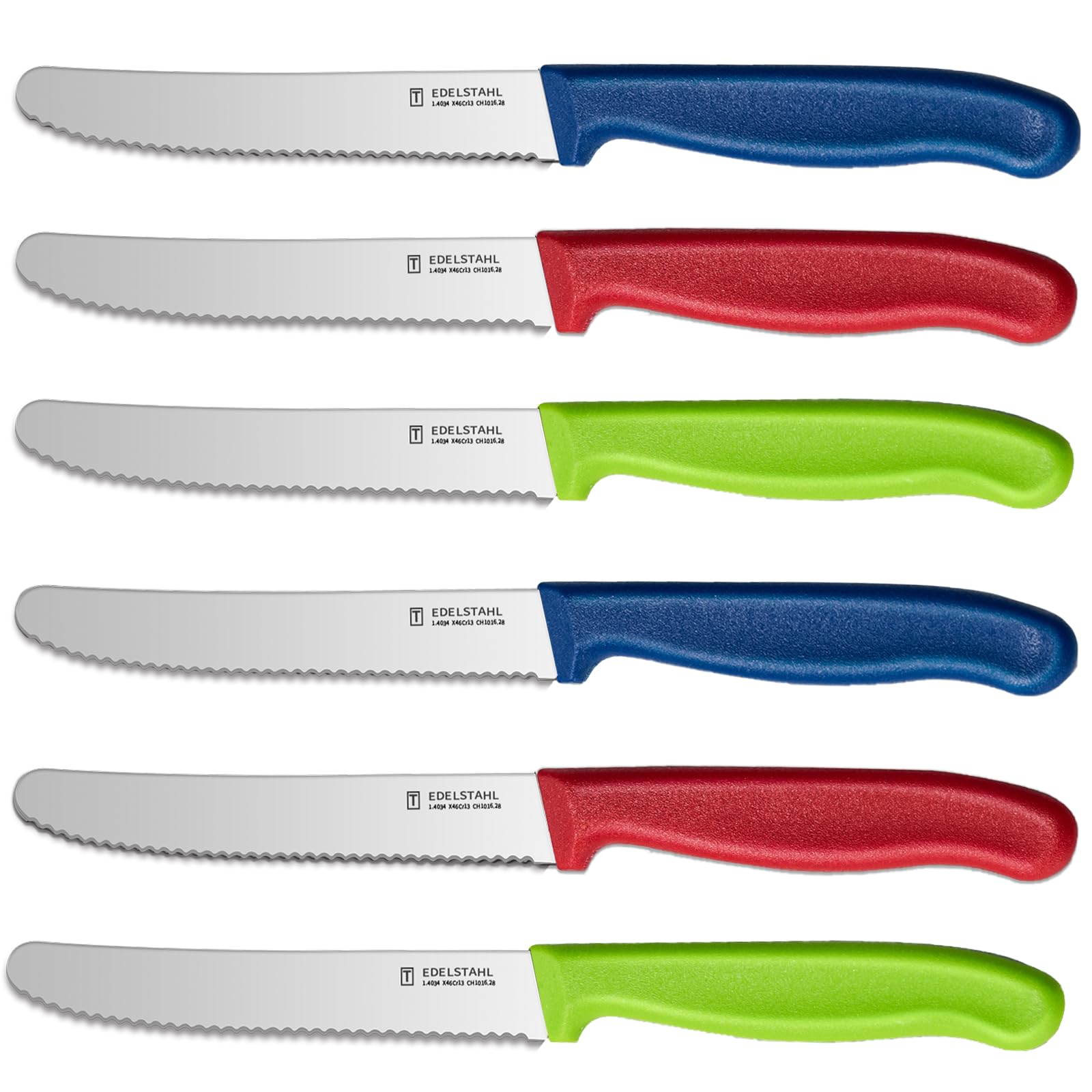 targzier Frühstücksmesser 6 Stück,Messerset zum Schneiden,Kunststoffgriff Bunt Brötchenmesser,Hochwertige Tafelmesser Wellenschliff,Edelstahl Tomatenmesser,Scharfe Messer für Brotzeit(Rot&Blau&Grün)
