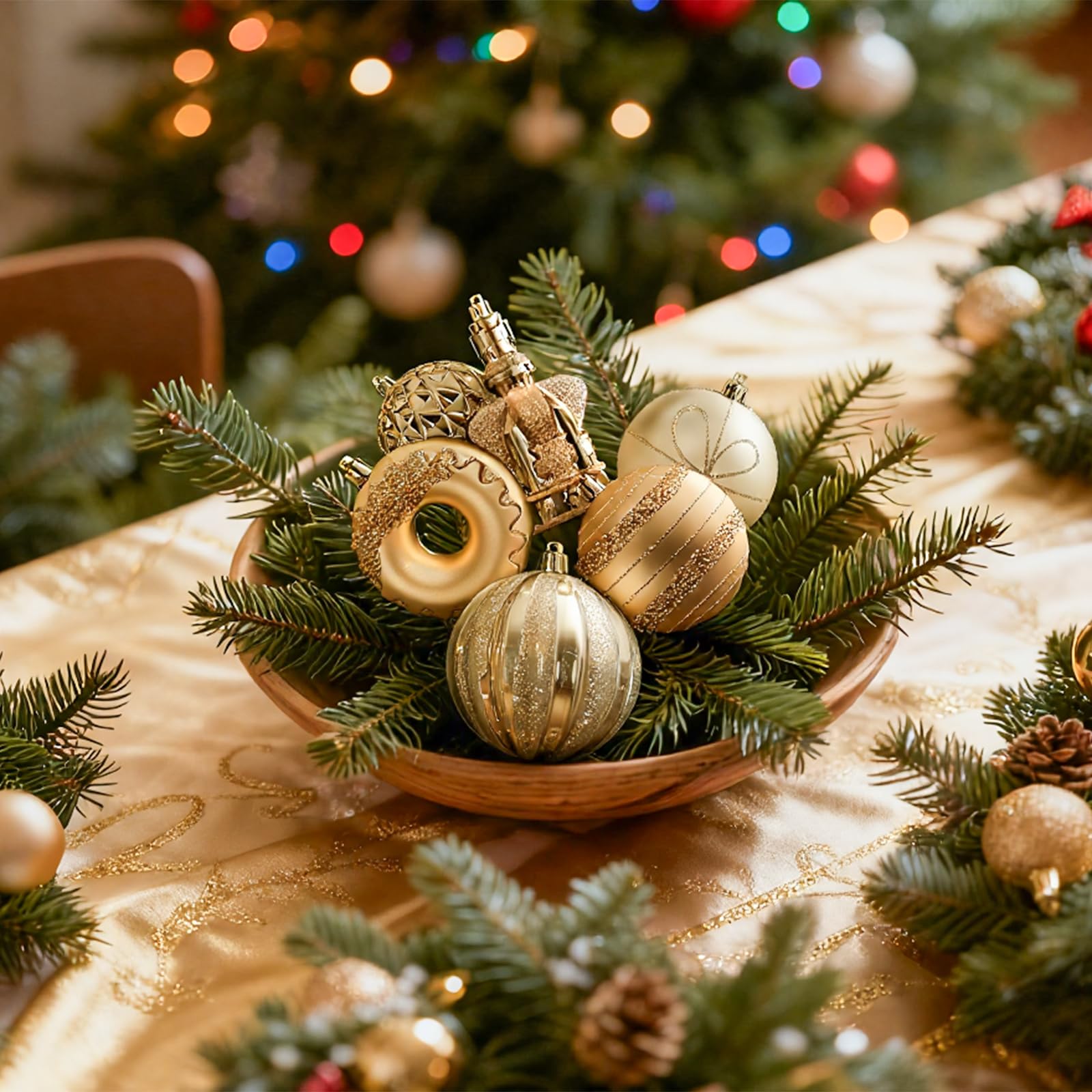 Shareconn 70pcs Christmas Ball Set - Ornements en Plastique incassable, Rubans et décorations pour Le Sapin - Parfait pour Les fêtes de Fin d'année et Les Mariages, Champagne Gold