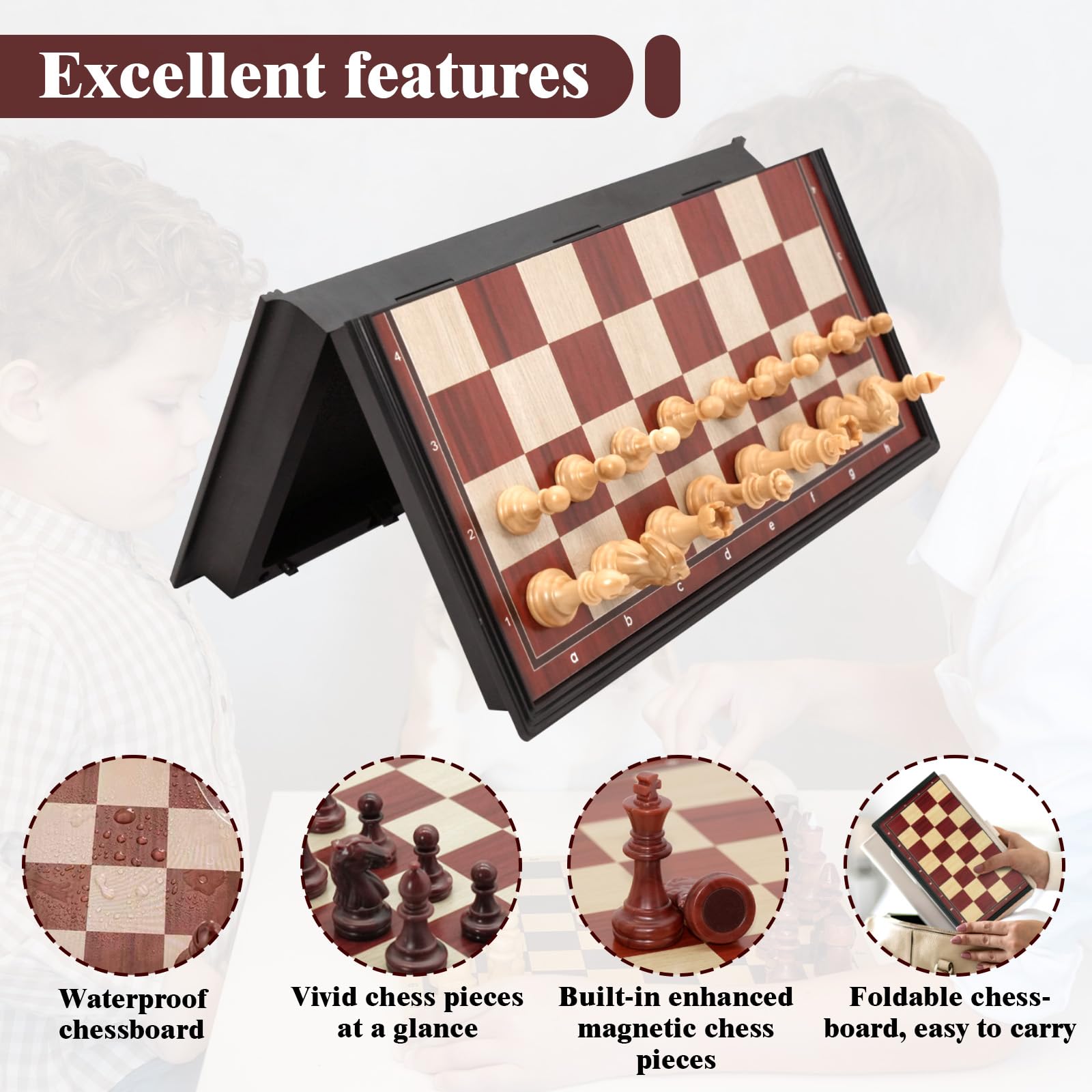 Echiquier, 24 × 24 cm Jeu D'Échecs en Pliable Echiquier Grain de Bois en Plastique, Deluxe Echecs Magnétique, Portable Chess Board Echequier pour Enfants Adultes Fête Voyage