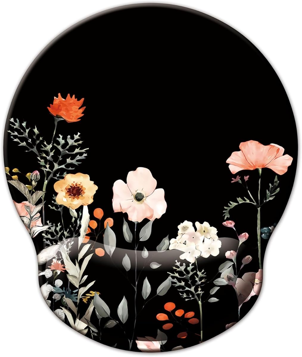 Mouse Pad with Wrist Support, Ergonomic Mouse Pad with Memory Foam Wrist Rest Cushion, Non-Slip Rubber Base Gaming Mice Pad for Home Office Computer Laptop, Flower Black : Office Products
