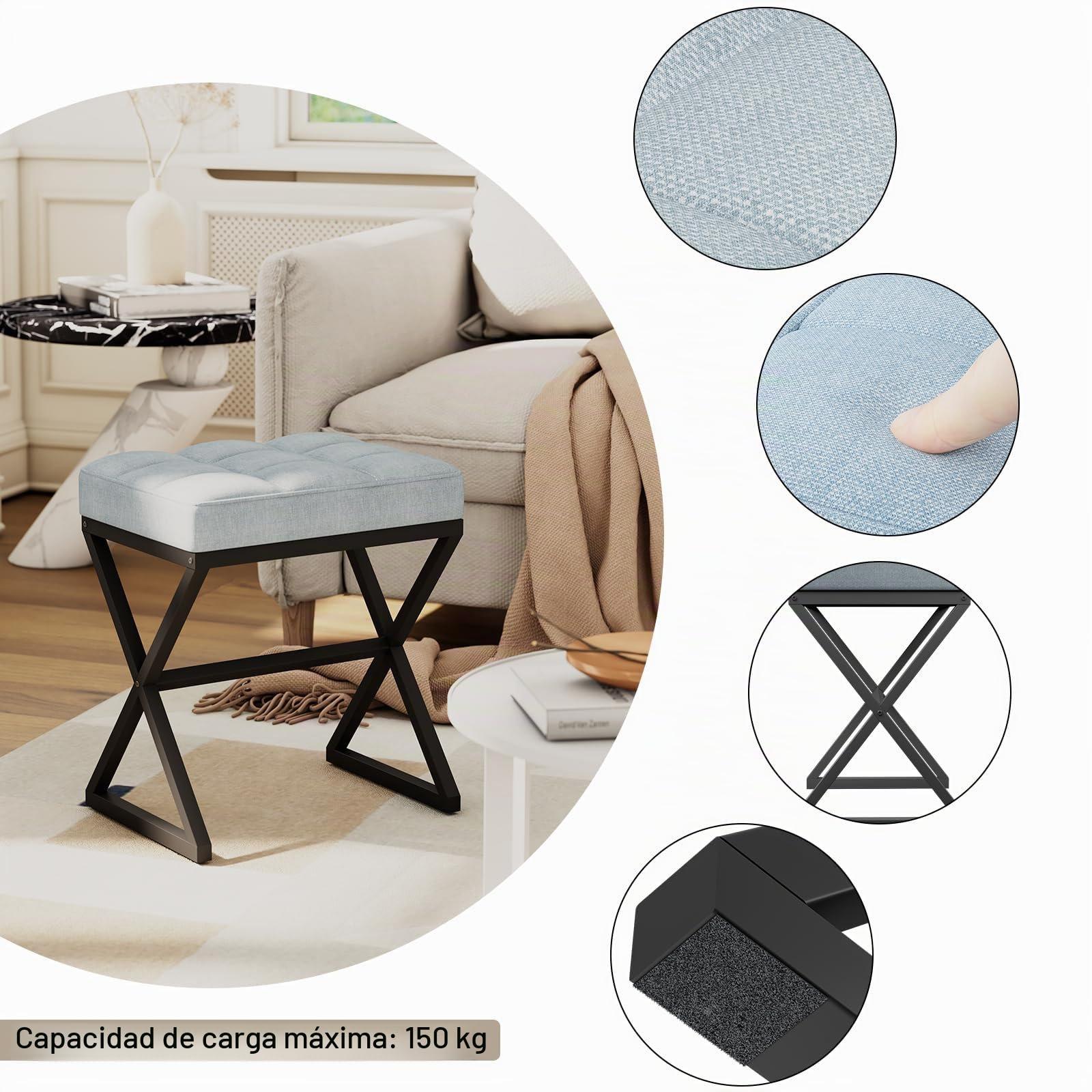 YMYNY Taburete de Maquillaje, Otomanas, Taburete de Piecon Patas de Metal en Forma de X con Asiento de Lino, para Tocador, Salón Dormitorio Entrada Pasillos 40×30×46CM Azul Gris HBD033L