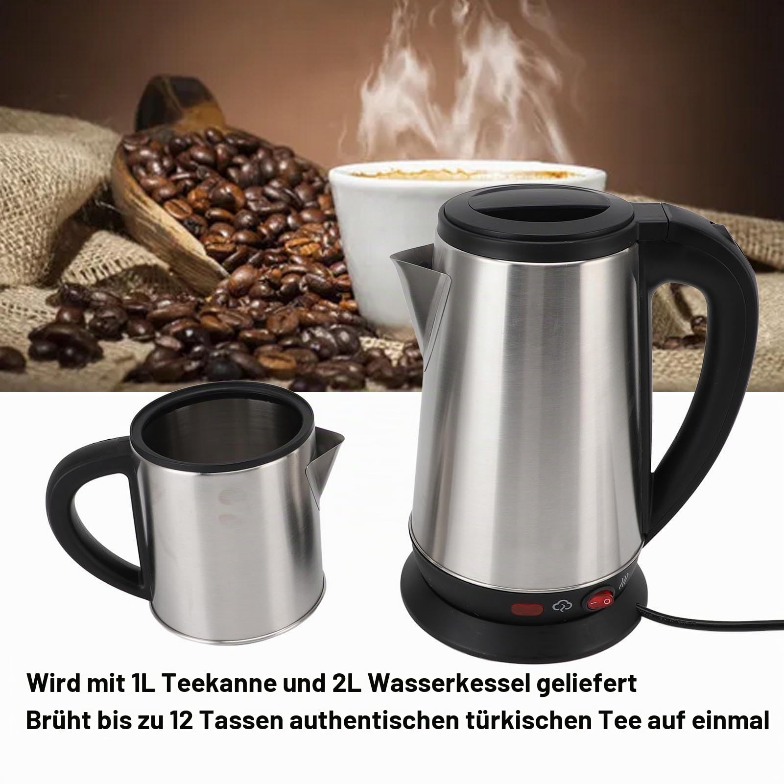 Elektrischer Türkischer Teekocher Teemaschine 1L 2L Edelstahl Wasserkocher für Tee Kräutertee Familienhaushalt