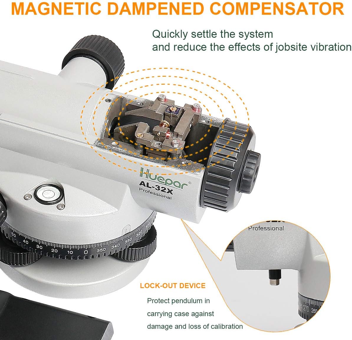 Huepar 32x Automatic Optical Level with Self-Leveling Magnetic Dampened Compensator and Transport Lock, Height/Distance/Angle Measuring Tool 393Ft of 1/16" at 100Ft Leveling Accuracy -Hard Case AL-32X