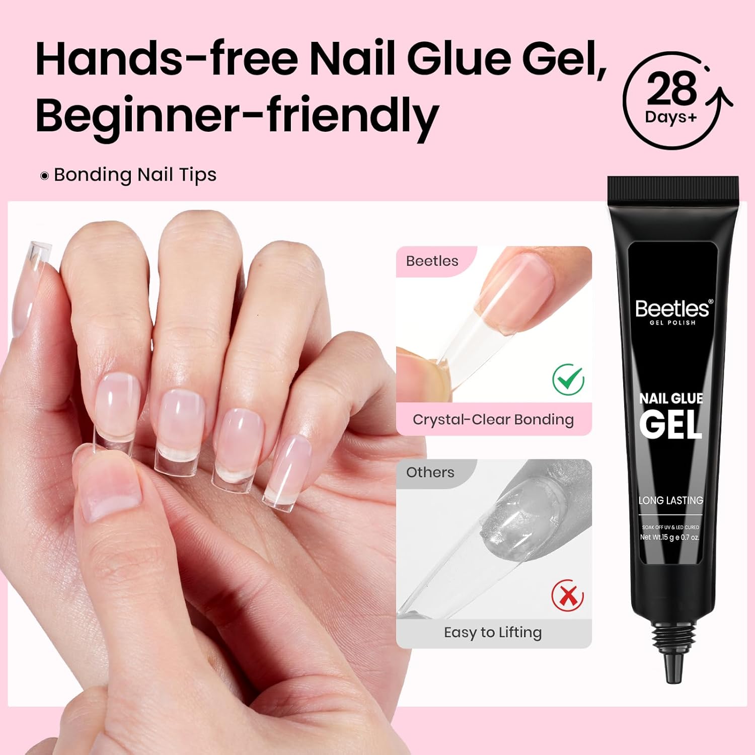 Beetles Gel Nail Kit Flat-X, Square Short, 320pcs 16 Sizes Nail tips, with 15g Nail Glue Gel Hands-Free, 7.5ml Base Gel & Top Coat, Mini Lamp, for Acrylic Press On Nail, Extension DIY Set at Home