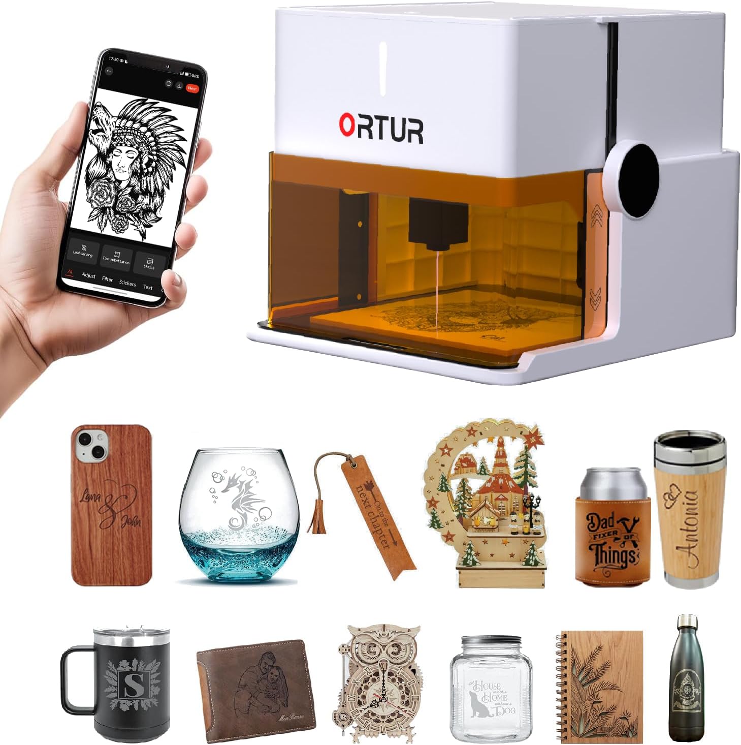 Ortur R1 5000mW Portable Laser Engraver and Cutter, Class 1 Foldable Laser Engraver, Exquisite Gift Box Packaging, APP Control Laser Engraver for Wood, Leather, Glass, Cloth (White)