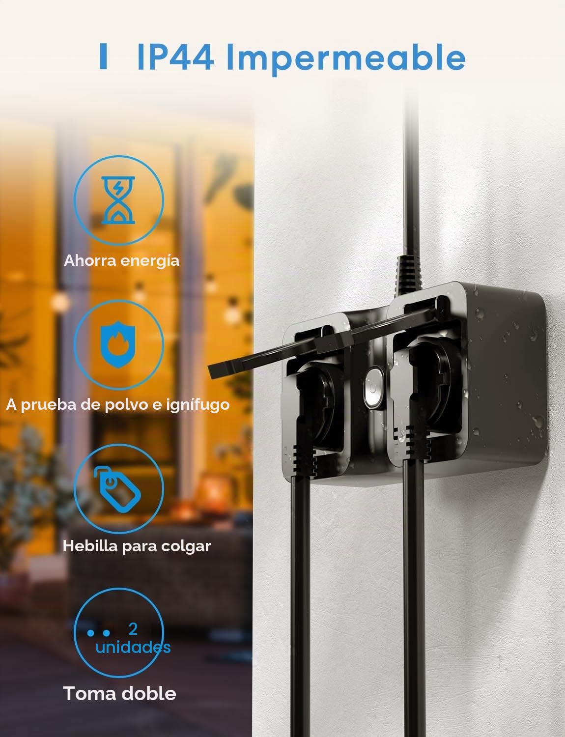 Meross Enchufe Inteligente Exterior Impermeable, WiFi Enchufe Exterior con 2 Tomas, Compatible con Alexa, Google Assistant y SmartThings, con Control Remoto