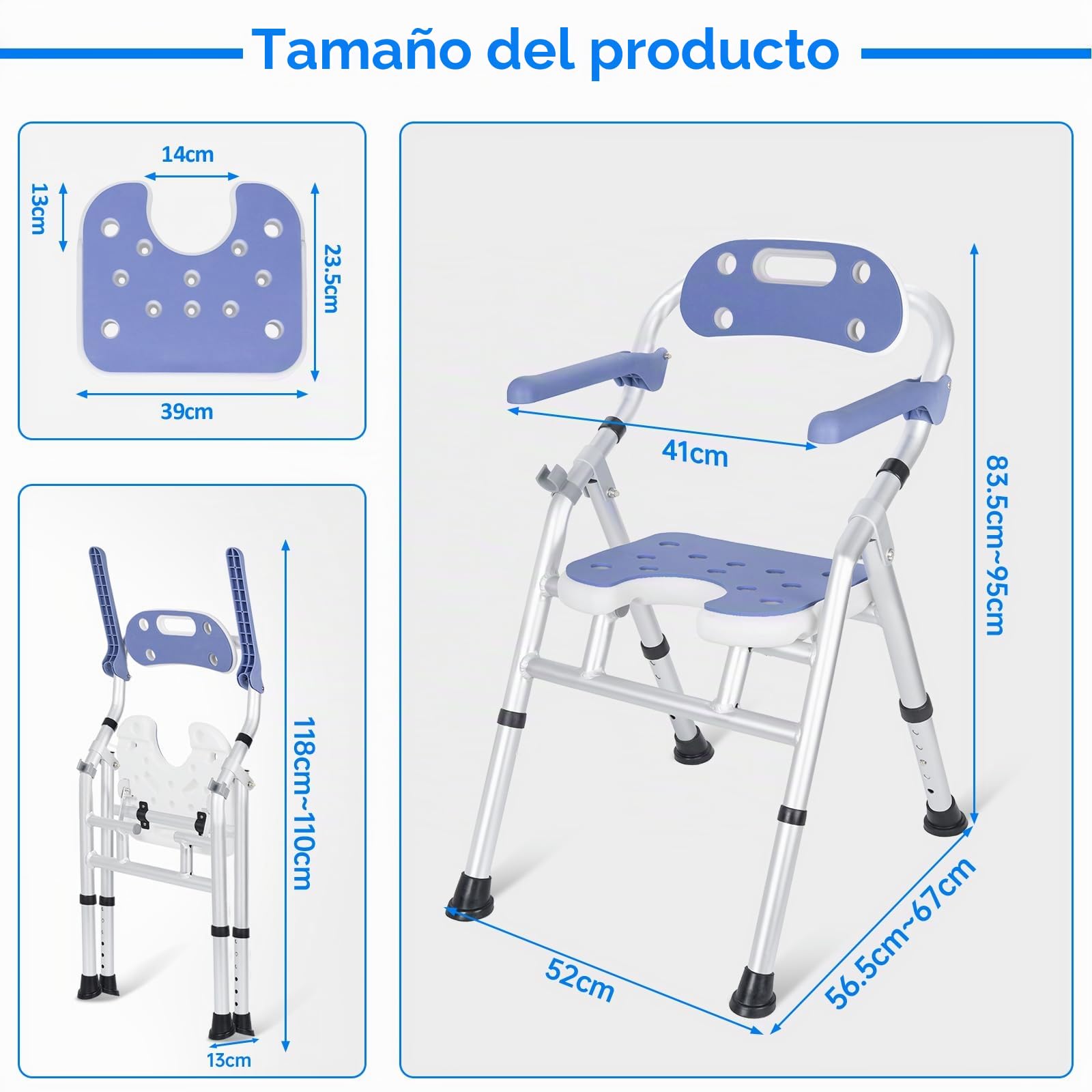 OUUTMEE Silla de ducha plegable con altura ajustable, silla de baño plegable con brazos y respaldo - Asiento de baño que ahorra espacio para la seguridad de los ancianos (blanco)
