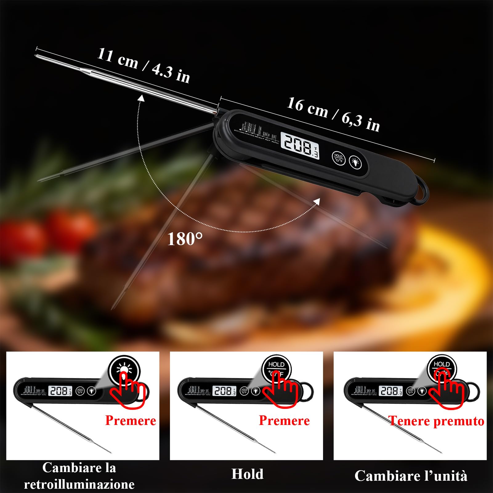 Charmline Termometro di alta precisione, precisione ± 1 °C, termometro per carne, cottura e grigliate, display LCD ad alta risoluzione con retroilluminazione