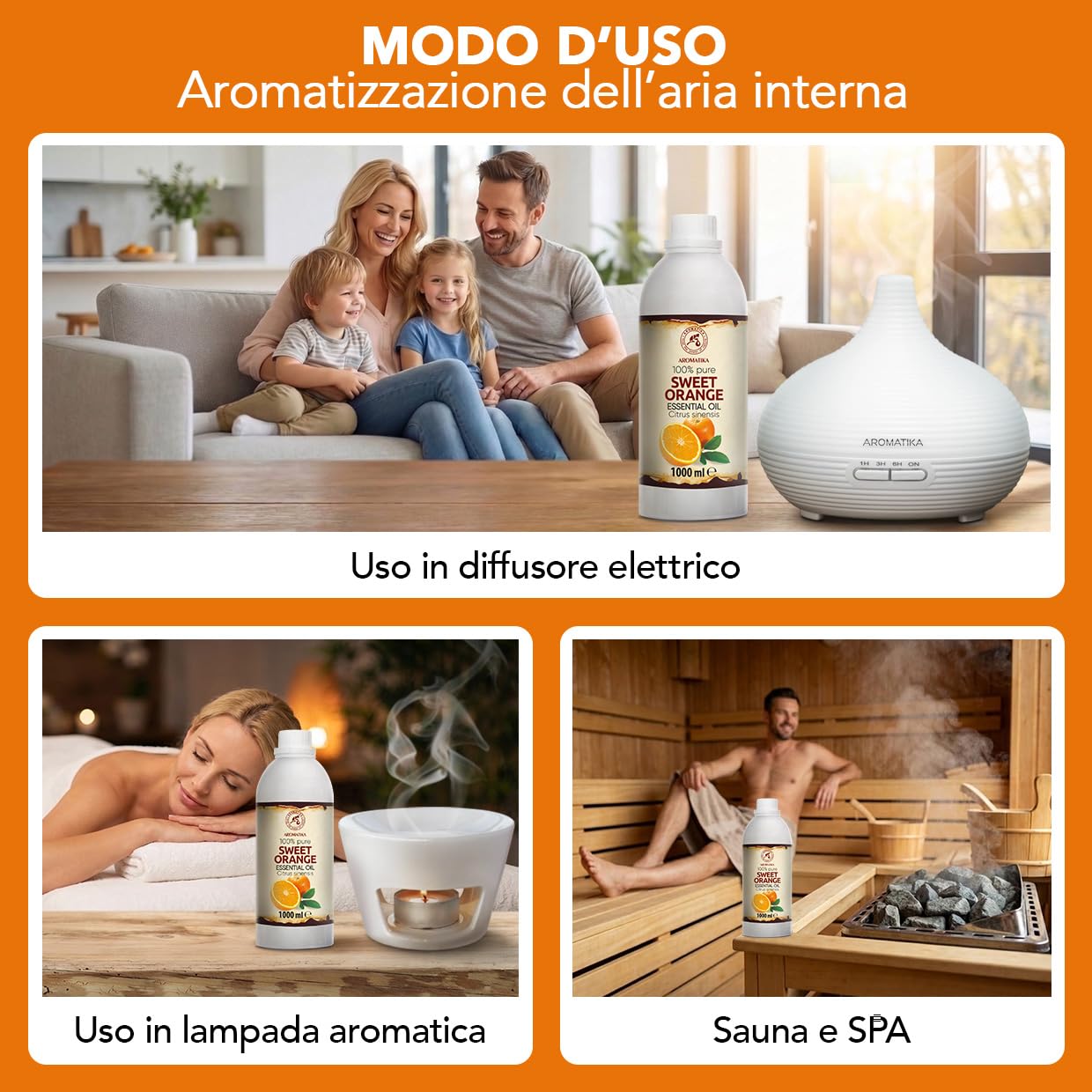 Olio Essenziale di Arancia Dolce 1000 ml - Citrus Sinensis - Naturale e Puro - Olio di Arancia per Diffusori - Profumi per la Casa - Saponi e Candele - Sauna - Aroma di Agrumi - Aromaterapia
