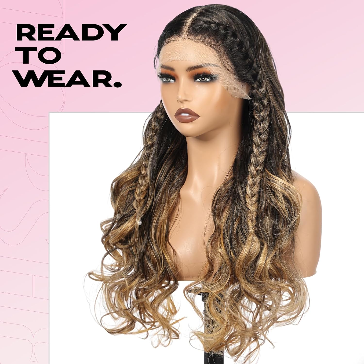 Ombre Blonde Braided Long Curly Wig, 13x4 Lace Front Synthetic Wig with Baby Hair, Natural-Looking Heat Resistant Hair for Daily Use 22IN(TT1B/F.HBL)