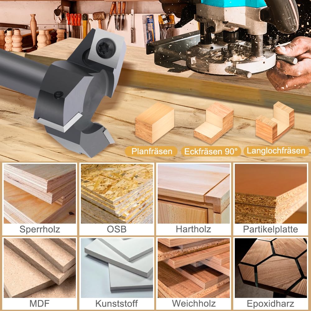 Fresa per fresatura superiore con gambo da 12 mm, diametro di taglio 50,8 mm, dotata di 3 lame intercambiabili in metallo duro da 12 x 12 mm, fresa per fresatura pianificata, fresatura e