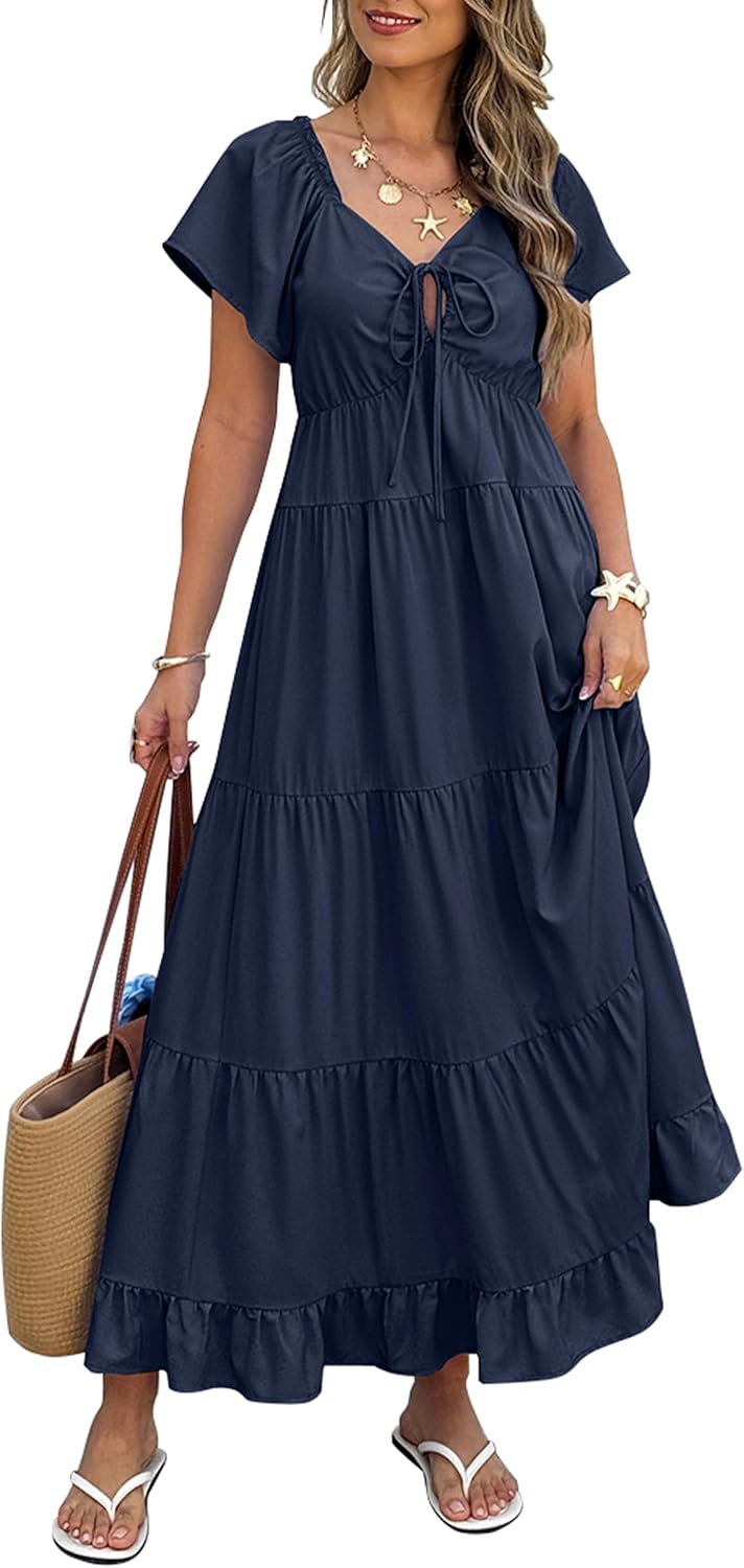 ECOWISH Womens Summer Maxi Dress 2026 Flutter Short Sleeve V Neck Tie Front Wedding Guest Vacation Tiered Flowy Dresses