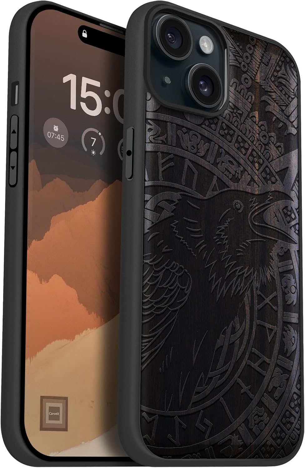 Carveit Magnetic Wooden Case for iPhone 15 Plus Case, Compatible with MagSafe Wireless Chargers, Black Soft TPU Shockproof Cover & Wood Artisan Engraved (Runic Raven Call) - Blackwood