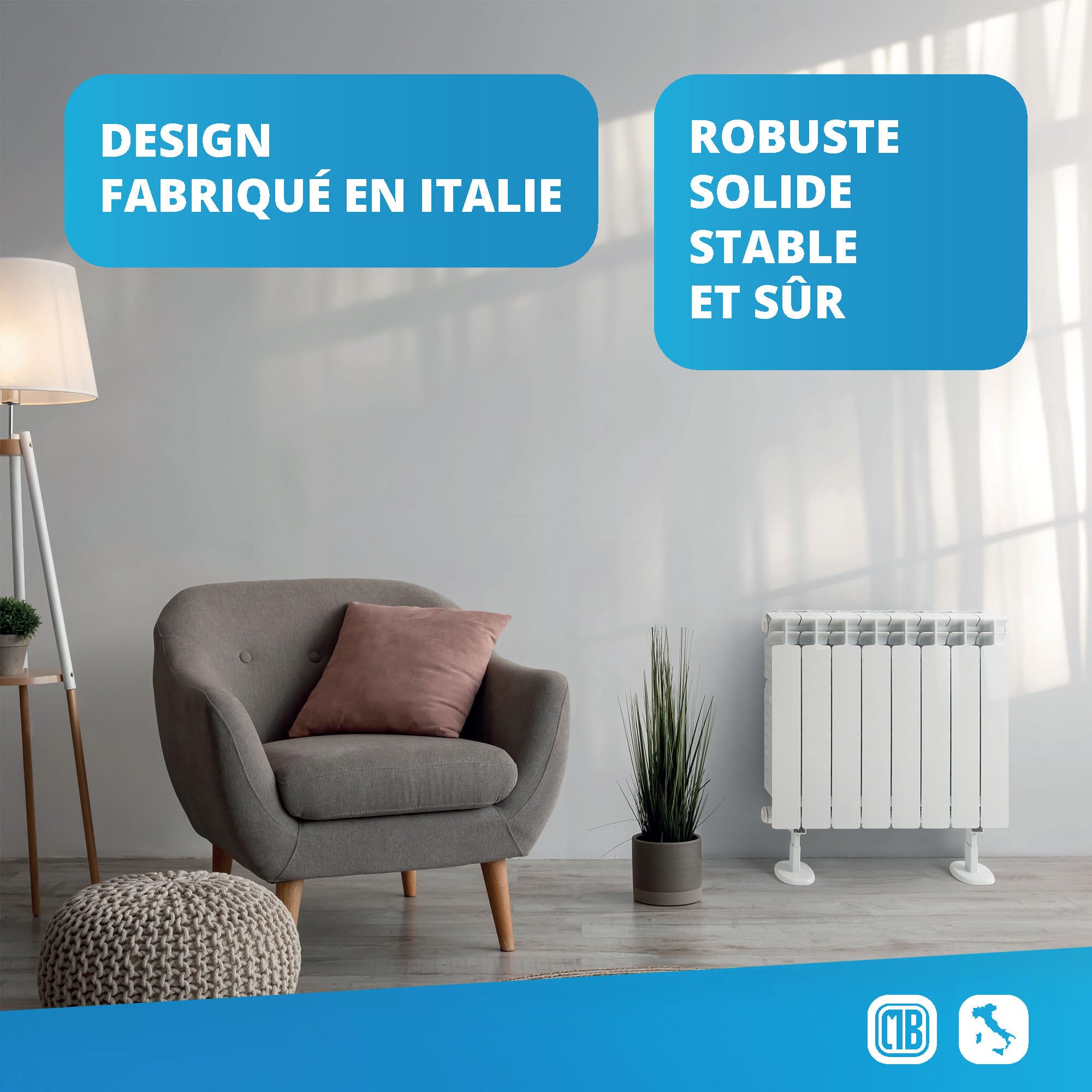 Paire de fixations au sol pour radiateurs en aluminium, avec une capacité de charge allant jusqu'à 200 kg par fixation. Système anti-décrochage avancé pour une sécurité maximale.