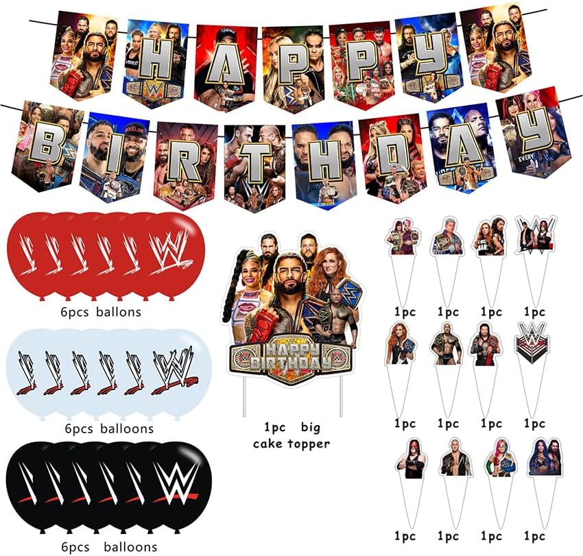 Wresting Birthday Decorations Include Happy Birthday Banner, Cake Topper and Cupcake Toppers, Balloons for Kids Party Supplies image 3