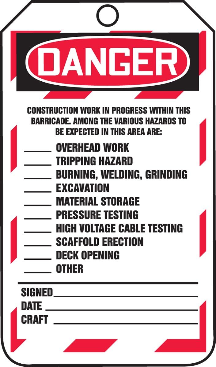 Accuform TAB102PTP Barricade Status Tag, Danger Construction Barricade - ONLY Persons Directly Involved Shall BE Permitted to Enter, 5.75"x3.25"x0.015, RP-Plastic, Red/Black on White (Pack of 25)