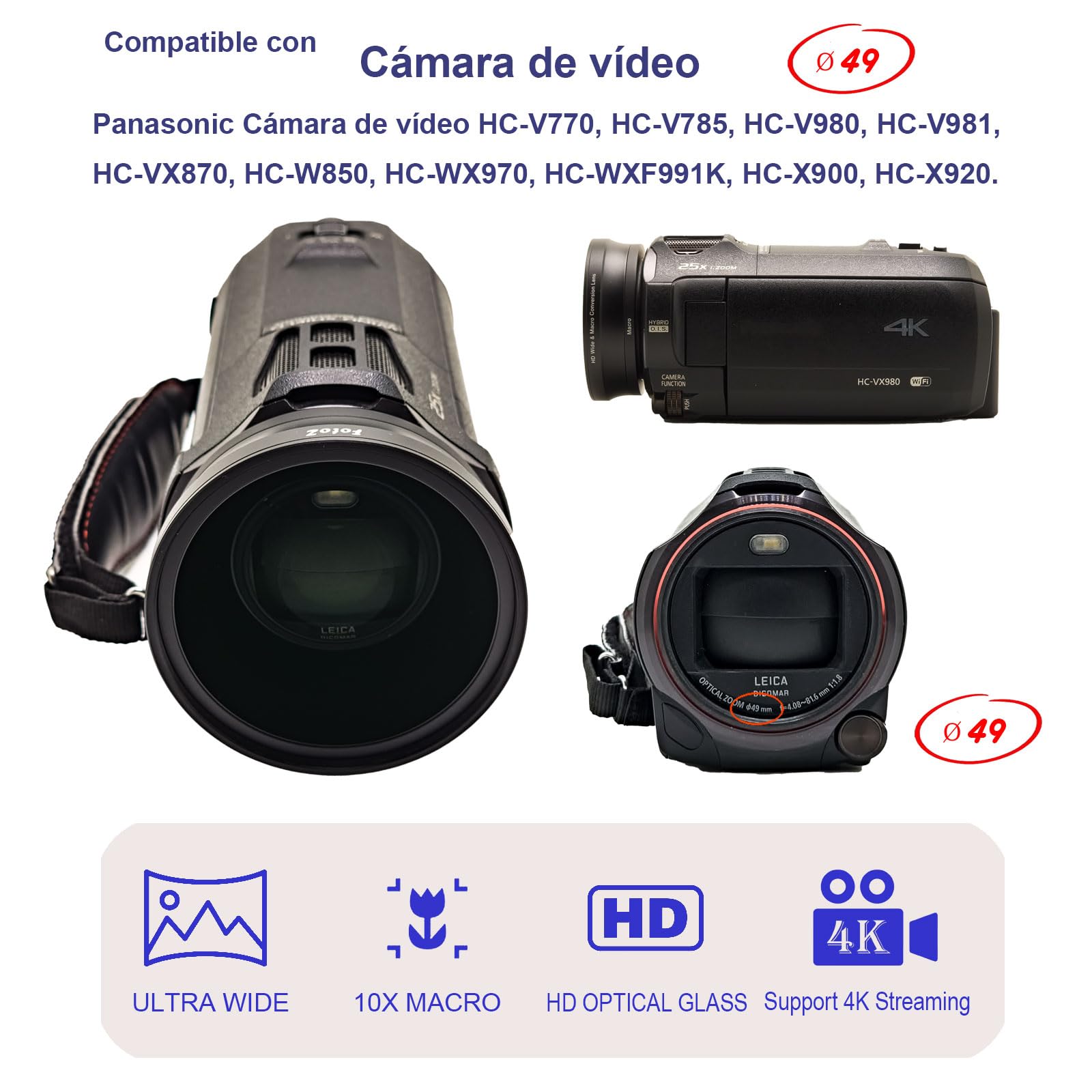 Lente de conversión Gran Angular HD de 49 mm 0,75x (porción Macro), para Canon EOS M6 M50 Mark II M100 M200 con Lentes EF-M de 15 a 45 mm, R50 R100, Accesorios con Lentes RF-S de 18 a 45 mm