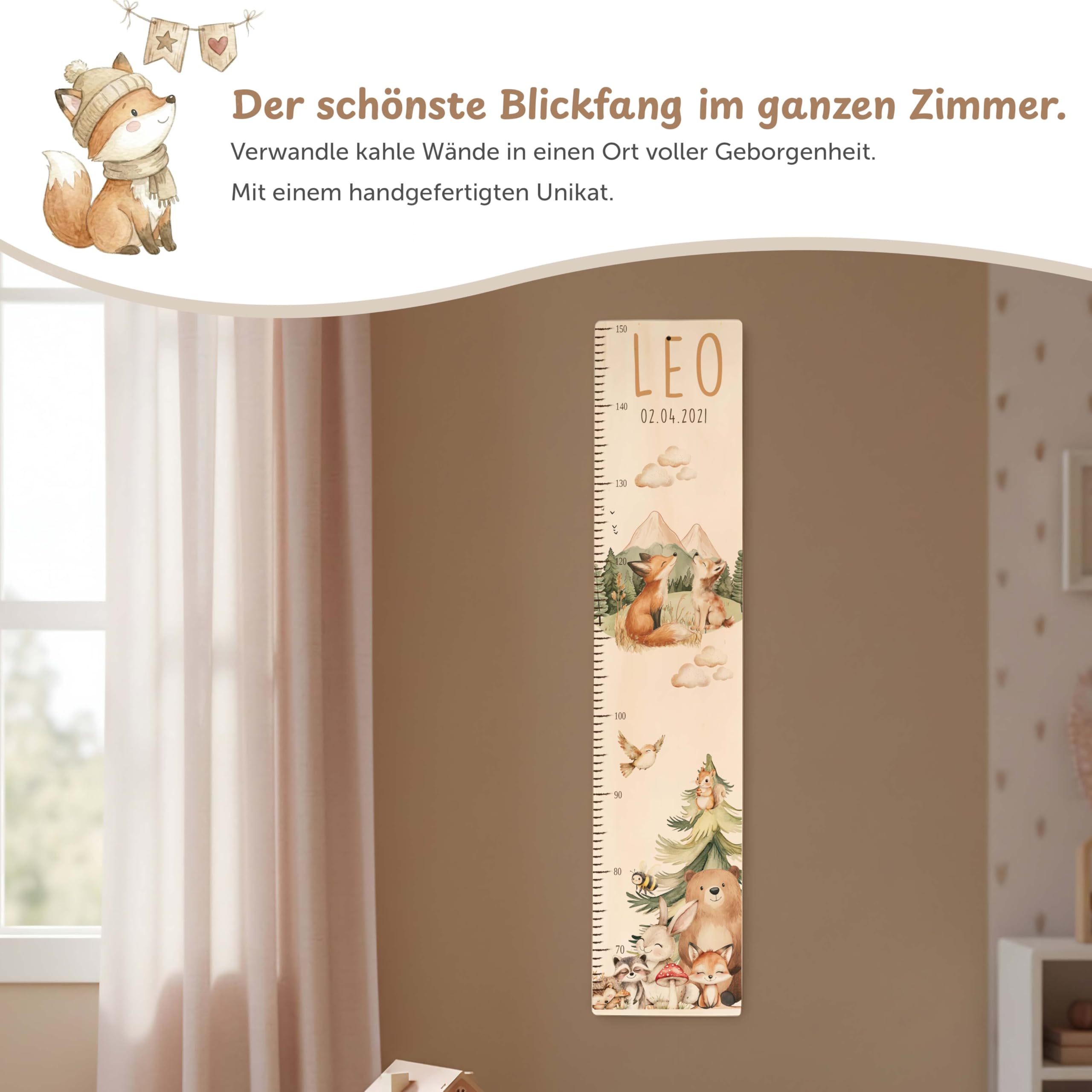 Kidsmood - Personalisierte Messlatte Kinder aus Holz – Hochwertige Messleiste & Wand-Deko für Baby- & Kinderzimmer mit abenteuerlichem Fuchs – Tolles Taufgeschenk für Mädchen & Jungen - Skala 65-140cm