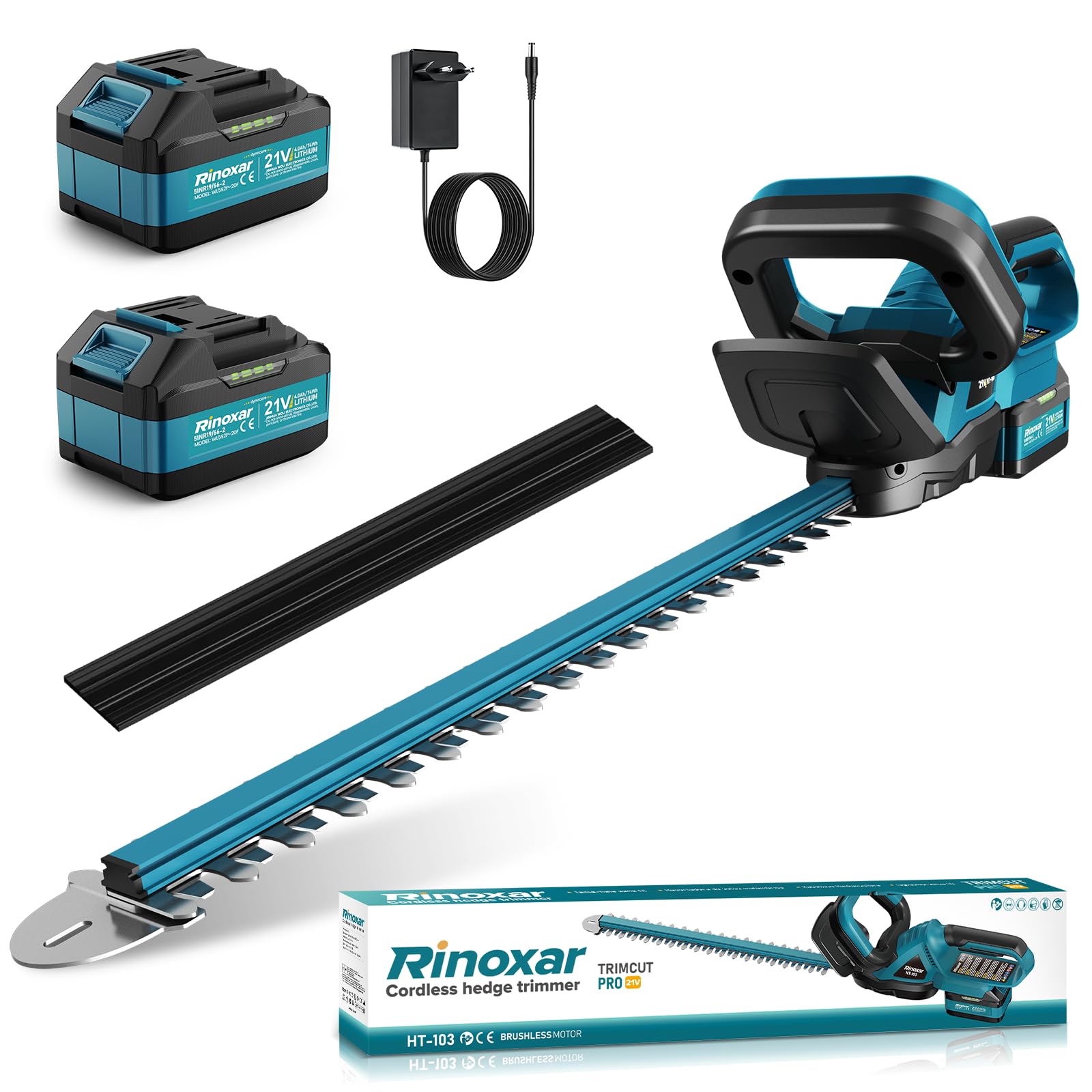 Cortasetos Bateria con 2X 4000mAh Baterías y Cargador, Motor Brushless 600W 28500rpm Cortasetos Electrico, Hoja 52cm, Corta Setos para Jardin y Arbustos