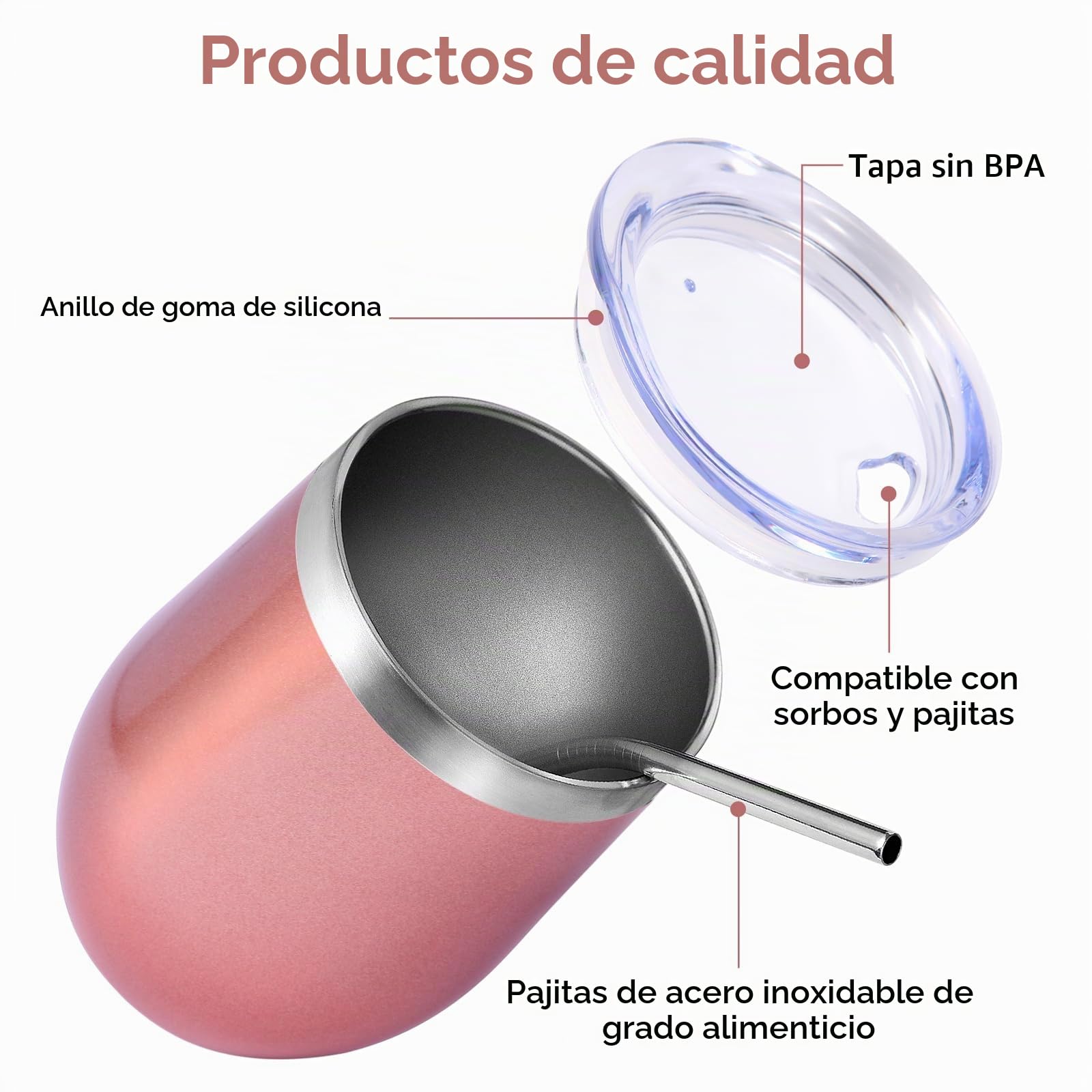 Volhoply Vaso de vino de acero inoxidable de 12 onzas con tapa a granel, paquete de 4, 350ml copas de vino sin tallo de doble pared al vacío, taza de café de viaje de metal con pajita, taza aislada