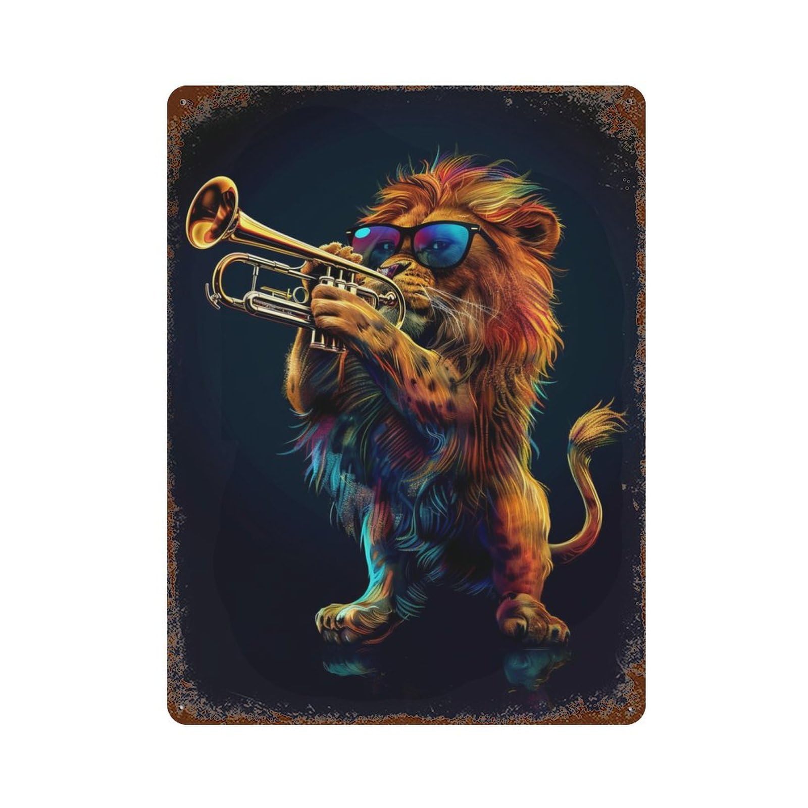 Lion Trumpet 15.7"x11.8" Aged Metal Wall Plaque, Classic Wall Plaque for Basement, Hobby Room And Garage Decor