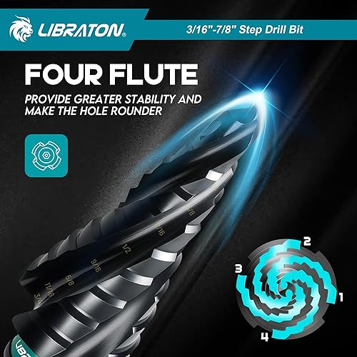 Miniatura 2 de LIBRATON Juego de brocas con paso de flauta en espiral, M35 cobalto Unibit de 316 a 78 pulgadas, brocas escalonadas recubiertas AlTiN, cuatro