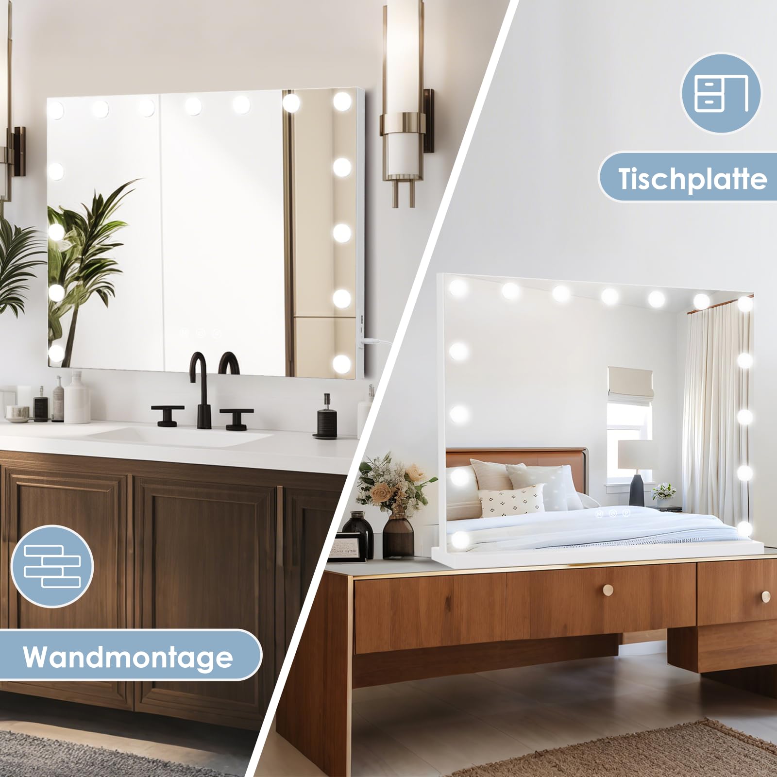 Hollywood Kosmetikspiegel für Make-up mit Lichtern, 58 x 46 cm, Typ-C und USB-Ausgang, 15 dimmbare LED-Leuchtmittel mit hohem CRI, 3 Beleuchtungsmodi, Tisch- und Wandmontage