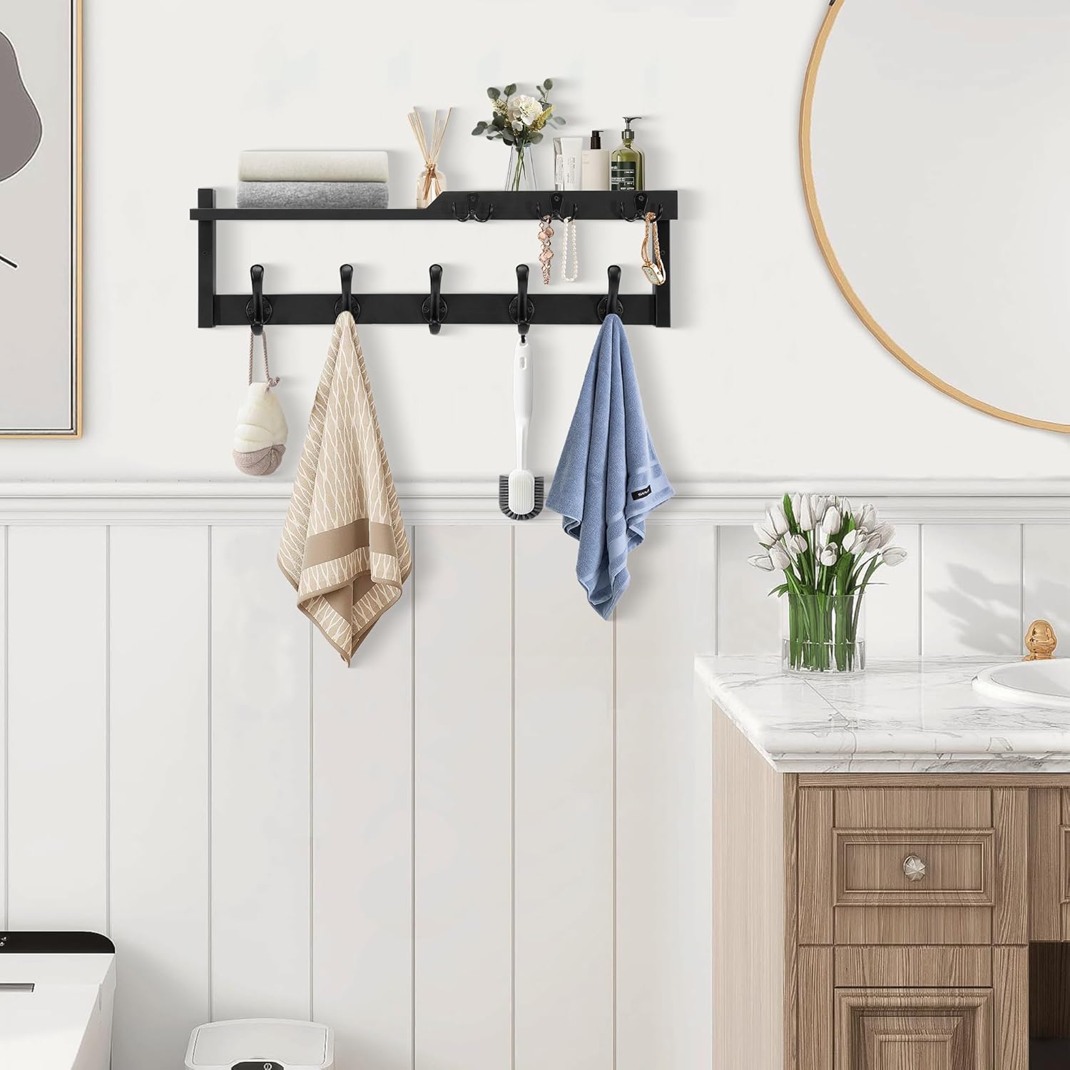 dreampossible 4 in 1 Coat Rack Wall Mount with Shelf, Coat Hooks 25.2" Entryway Coat Hanger with Key Hooks and Mail Holder, Wall Hooks with Shelf, Hat Rack for Wall Key Holder Mail Organizer