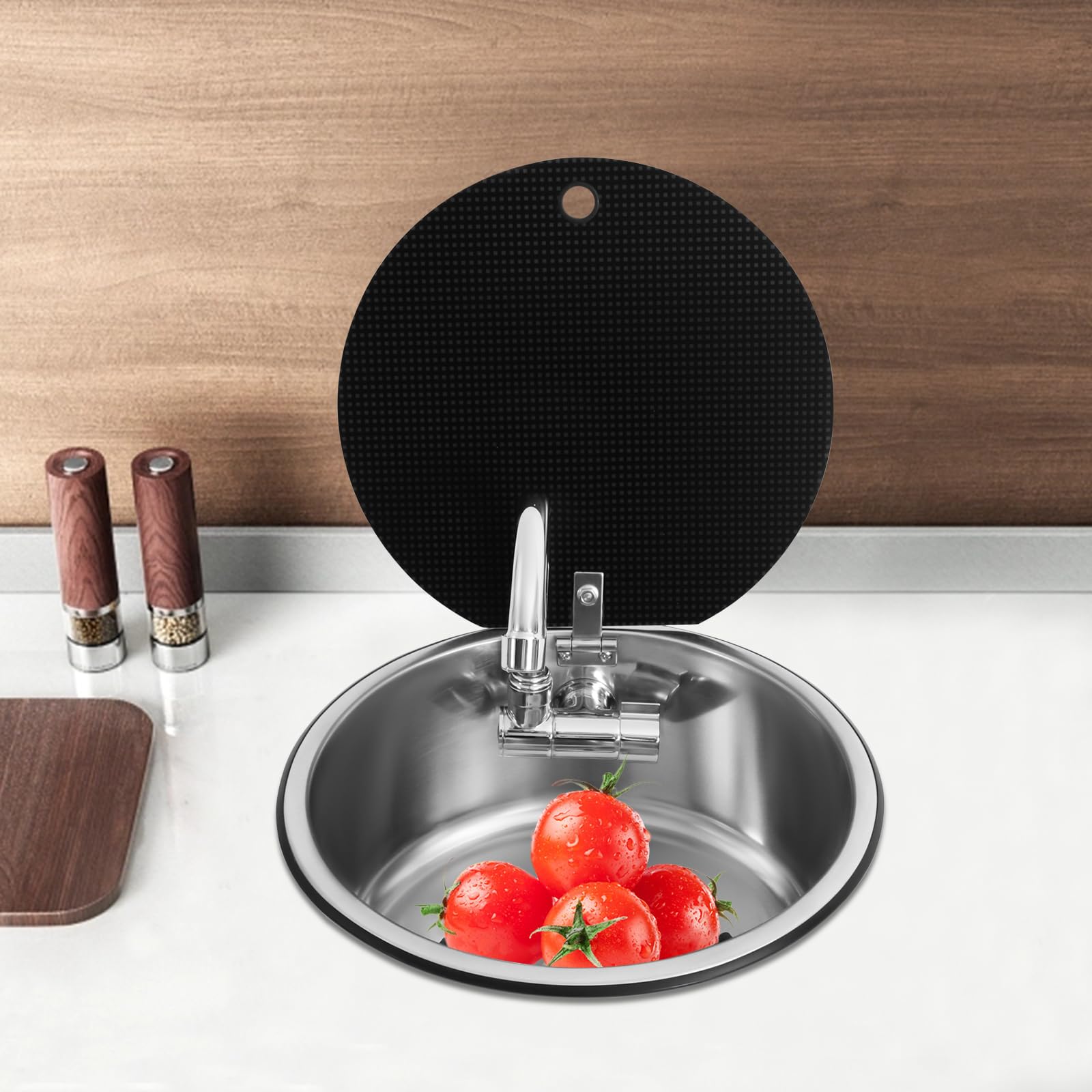 Lavabo de cocina RV, de acero inoxidable, 34 x 34 cm, redondo de acero inoxidable 304, grifo plegable, con manguera de desagüe y mangueras de entrada, para caravanas, barcos y cocinas pequeñas