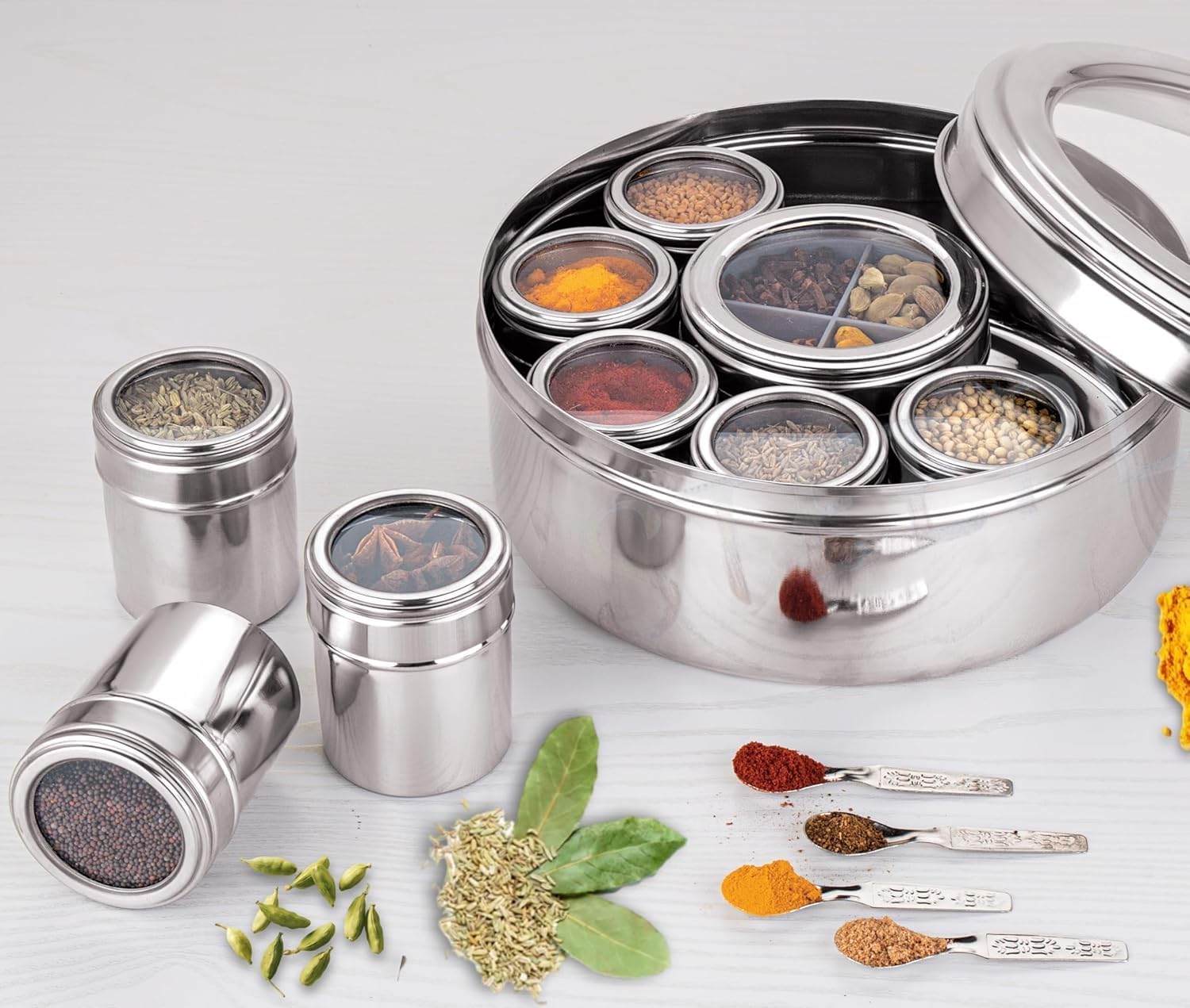 Indian Stainless Steel Masala Box | -Spice Box For Kitchen | Large Masala Dabba with See-Through Lid | Steel Masala Dani 2.5L Spice (22.5 cm, Silver) Daily Use Home Kitchem Item 12 Inches