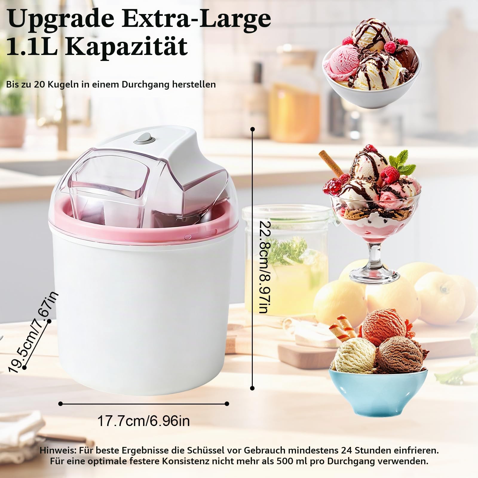 Eismaschine 1,6 L, für Eiscreme, Sorbet & Frozen Joghurt, Softeismaschine mit One-Touch-Bedienung, 20–40 Min. Zubereitungszeit, mit Nachfüllöffnung und doppelwandigem Kühlbehälter