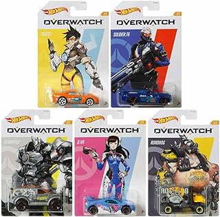 Hot Wheels Overwatch Car Series Die‑Cast 5‑Pack Bundle– Tracer, Soldier:76, Reinhardt, D.Va & Roadhog | Licensed Blizzard Collectible | 1:64 Scale