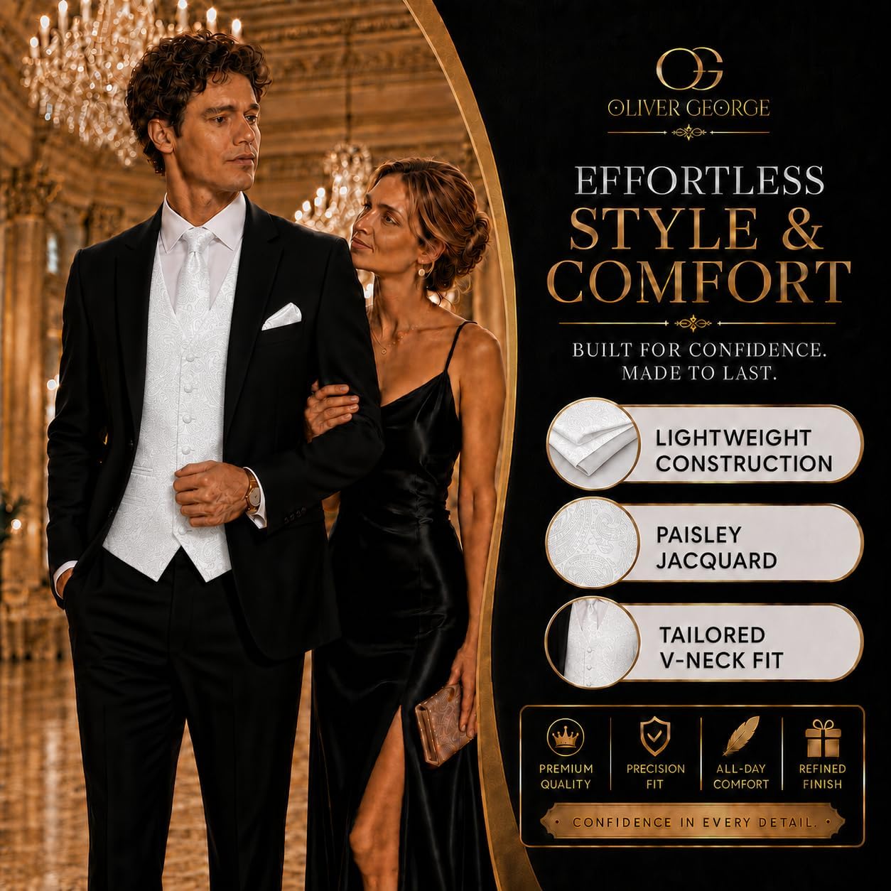 Oliver George Men's 3pc Paisley Formal Suit Waistcoat Tuxedo Dress Vest Necktie Handkerchief Set for Suit or Tuxedo