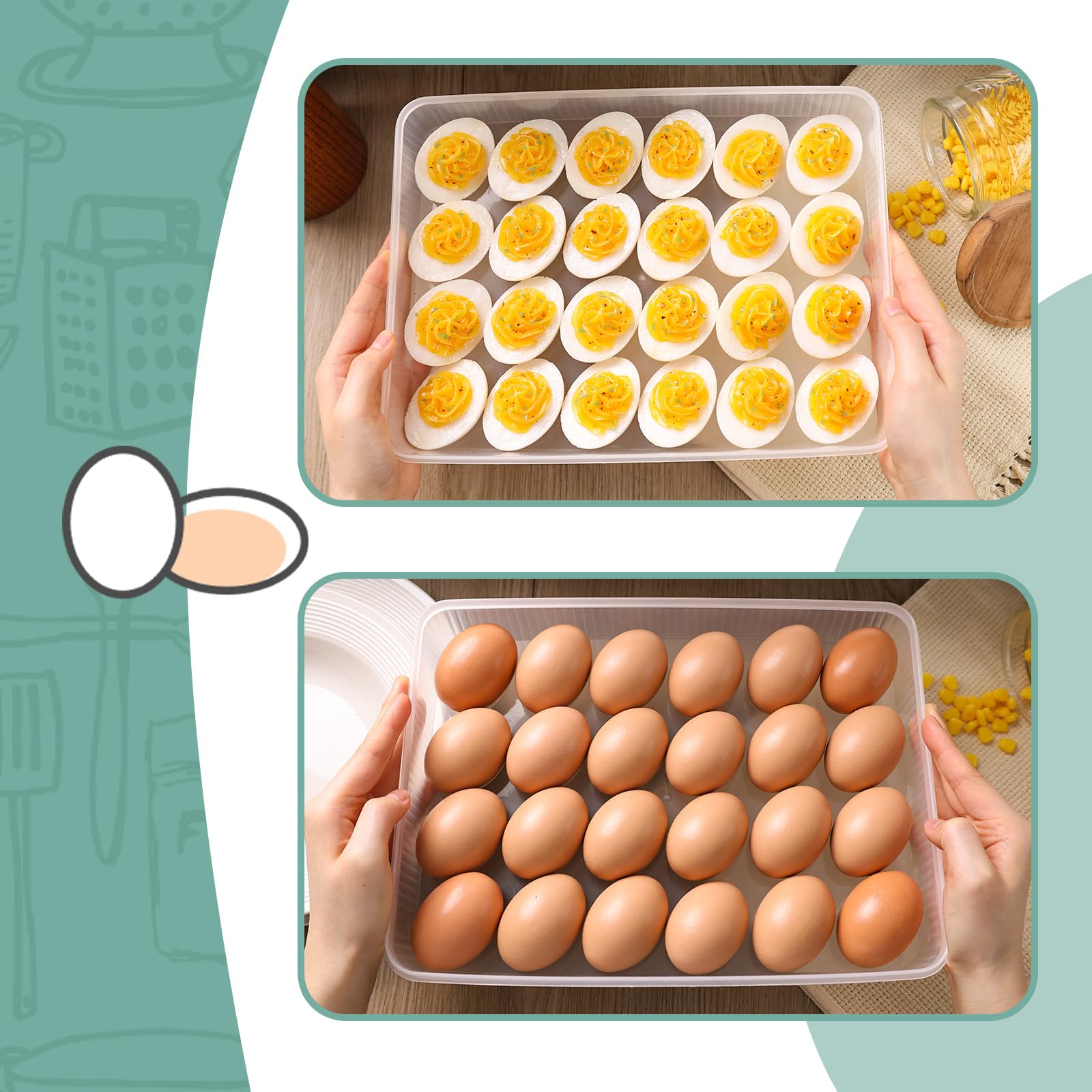 Recipientes para huevos con tapa, paquete de 2 bandejas portátiles para huevos con 48 agujeros para festivales, fiestas, hogar, cocina, refrigerador, suministros apilables 4