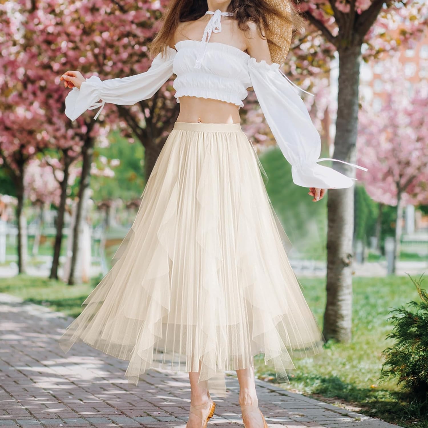 Women's Tulle Skirt Formal High Low Asymmetrical A-Line Fairy Elastic Waist Layered Long Midi Skirts - Image 2