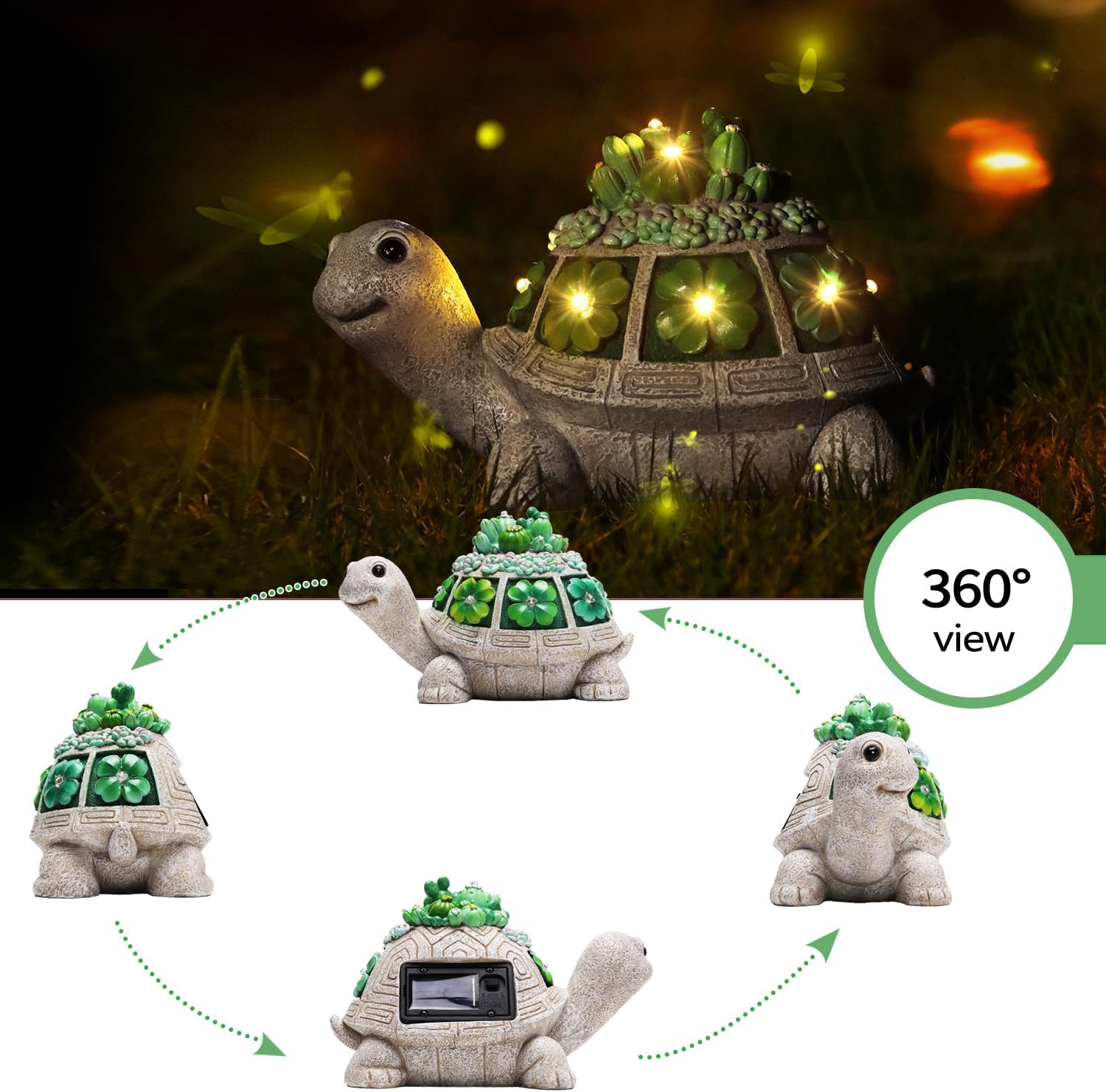 Solar Garden Outdoor Statues Turtle with Succulent and 7 LED Lights - Lawn Decor Tortoise Statue for Patio, Balcony, Yard Ornament - Unique Housewarming Gifts