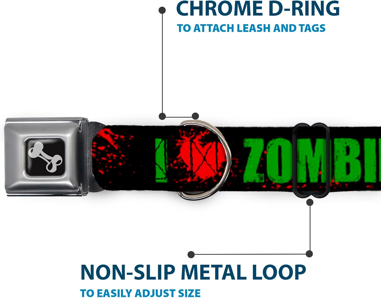 Buckle-Down Seatbelt Buckle Dog Collar - I "Heart" ZOMBIES Bold Splatter Black/Green/Red - 1" Wide - Fits 15-26" Neck - Large
