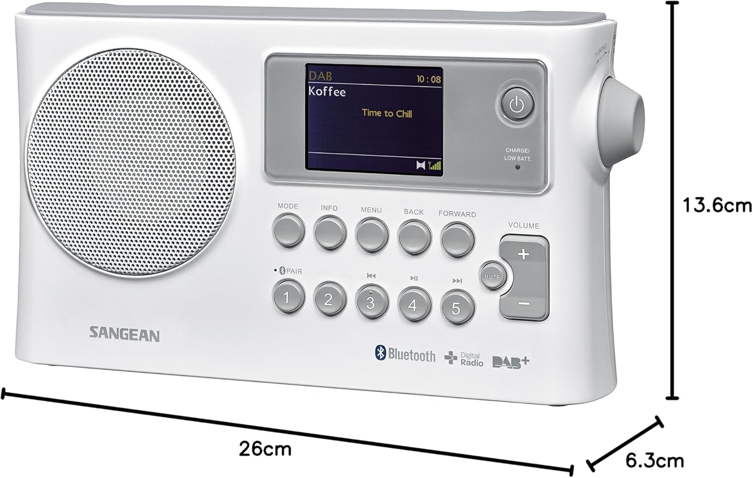 Sangean BTR-160 radio with dimensions labeled: 26cm length, 6.3cm width, and 13.6cm height.