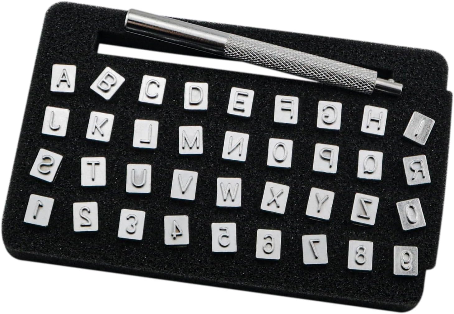 BLLNDX 36PCS Metal Alphabet Number Stamping Tool Set Includes 26 Uppercase Letters and 10 Numbers Leather Stamping Tool for Belts Bags Hats Shoes Marking 1/4 Inch
