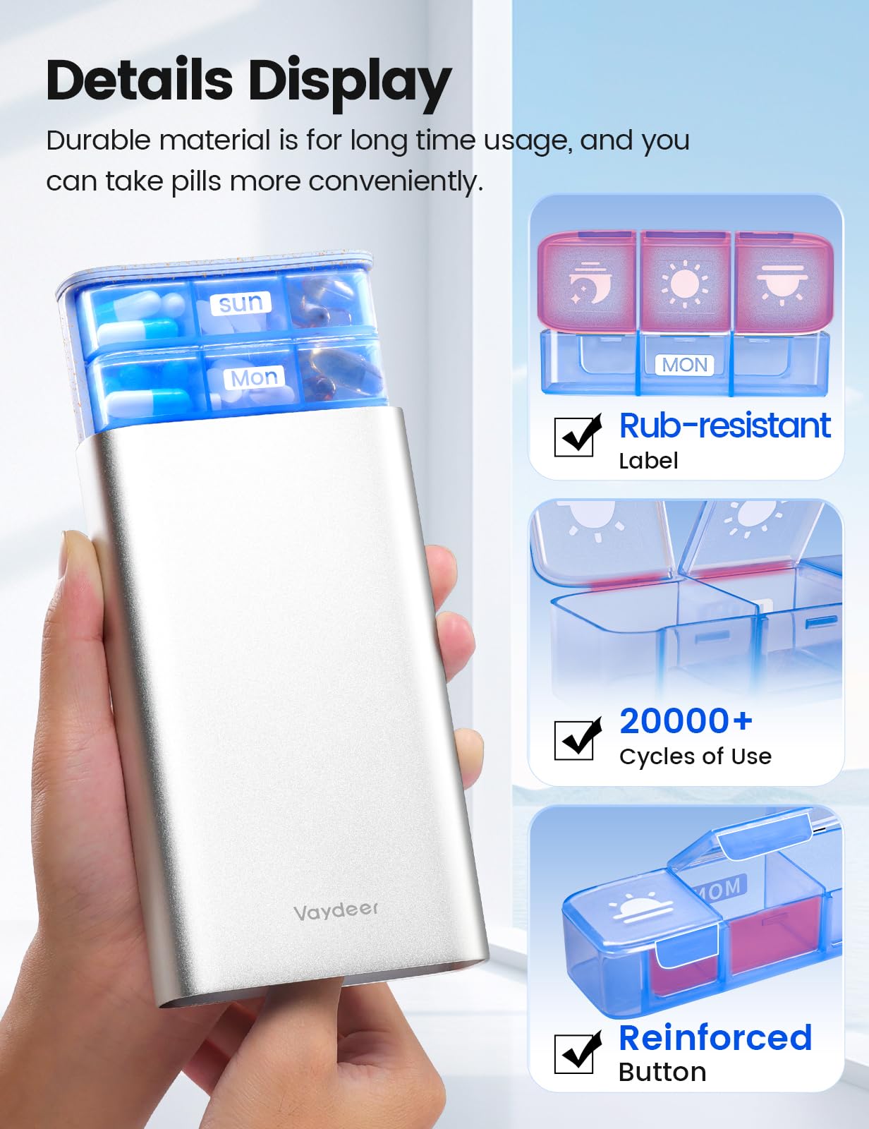 Vaydeer Pilloliera Settimanale 7 Giorni con 3 Scomparti al Giorno – Portapillole Grande con Guscio in Metallo, Protezione Doppia e Anti-Umidità – Scatola Medicinali BPA Free, Compatta e da Viaggio per