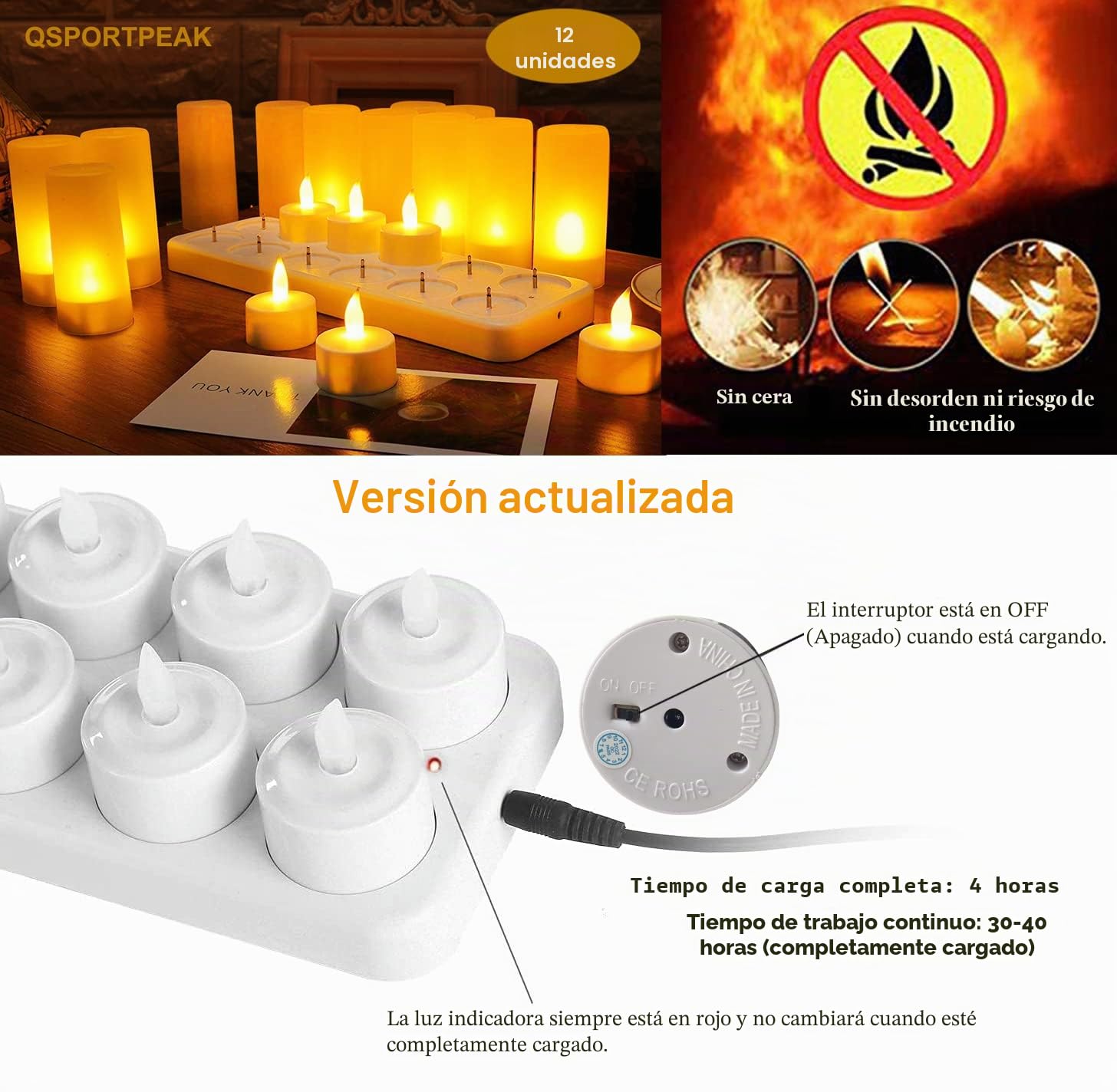 Velas LED sin Llama QSPORTPEAK 12 velas recargables velas LED con batería sin llama con estación de carga, cable USB y vasos para el hogar, Navidad Halloween Decoración