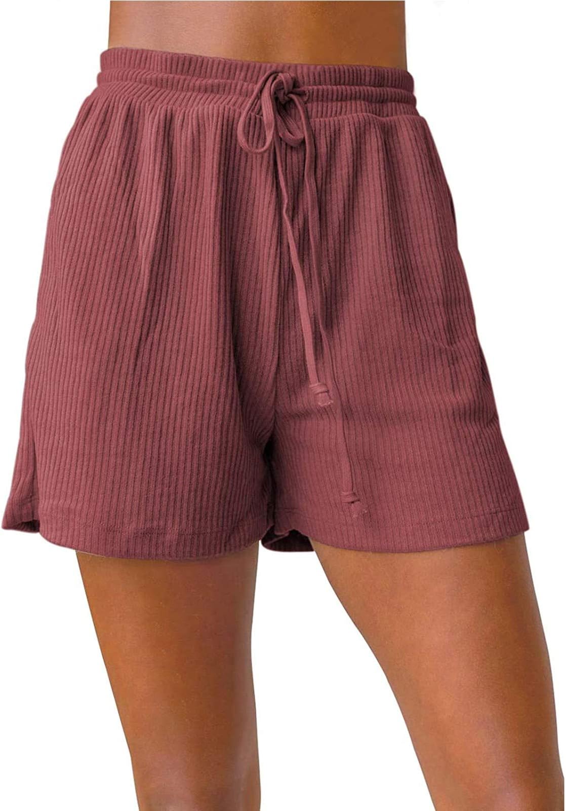 Women's Summer Rib Knit Drawstring Elastic Waist Casual Sports Beach Resting Shorts with Pockets