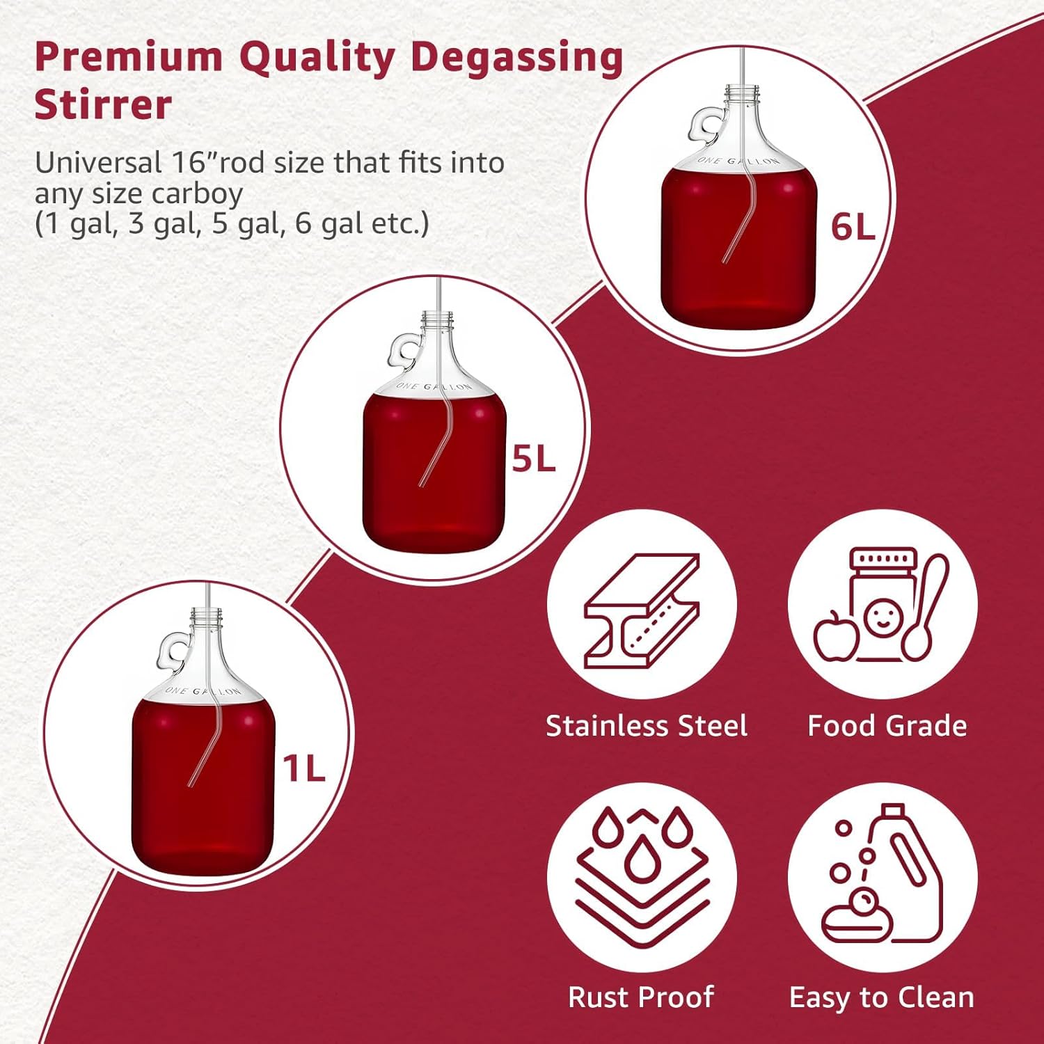 16” Stainless Steel Whip Degassing Stirrer, Wine Beer Degasser Whip for Wine Making, Drill Mixer Rod Attachment Wand, Mixing Stirring De Gassing Beer Wine Kombucha Mead Wort