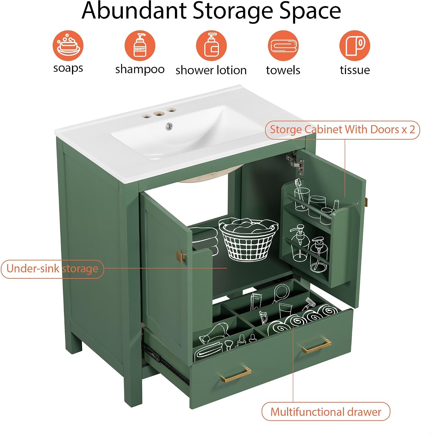GDFStudio 30" Bathroom Vanity with Ceramic Sink, Free Standing Bathroom Sink Set with Built-in Shelf Cabinet & Partitioned Drawer, Soft Close Doors, Solid Wood Frame Vanity Sinks for Bathrooms, Green