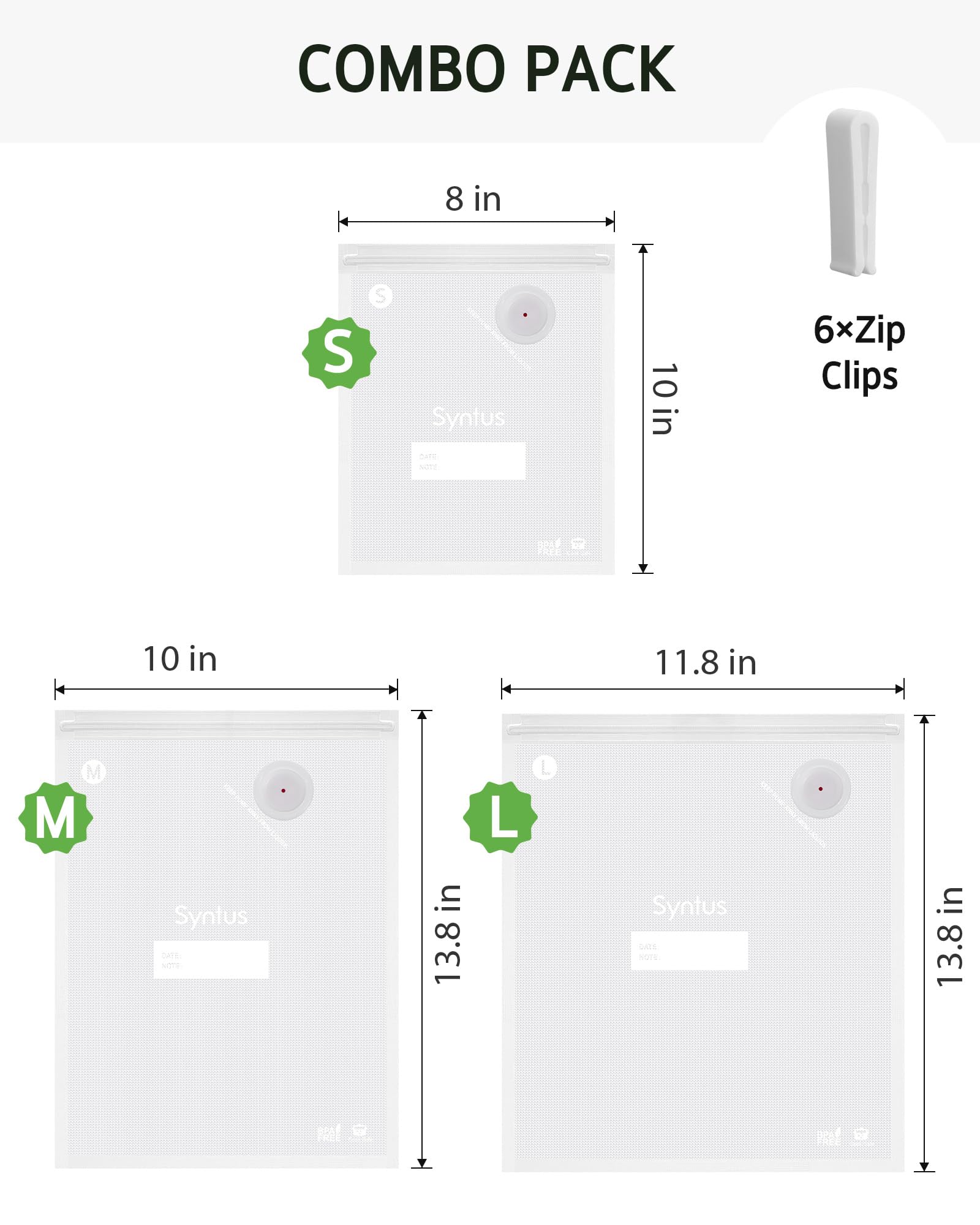 Syntus Bolsas selladoras al vacío, 60 bolsas de 20.3 cm x 25.4 cm y 25.4 cm x 35.1 cm y 30.0 cm x 35.1 cm, bolsas de almacenamiento de alimentos reutilizables con válvula de aire mejoradas para