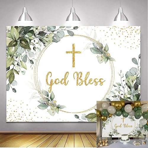 Telón de fondo verde de 7 x 5 pies, decoración de fiesta de bautismo de primera comunión, decoración de vinilo verde y dorado eucalipto hojas verdes