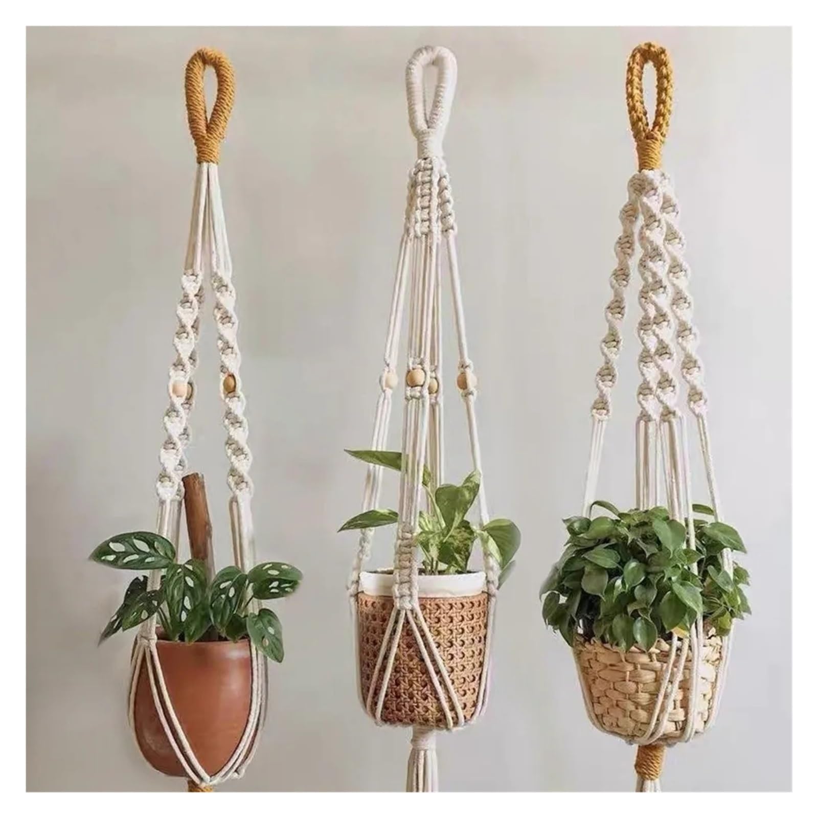 Appendini per Piante Macramè Nappe fatte a mano Macrame Gancio for piante Rete Corda di cotone Appeso a parete Fioriera Cestino Annodato sollevamento Vasi fiori(Set)